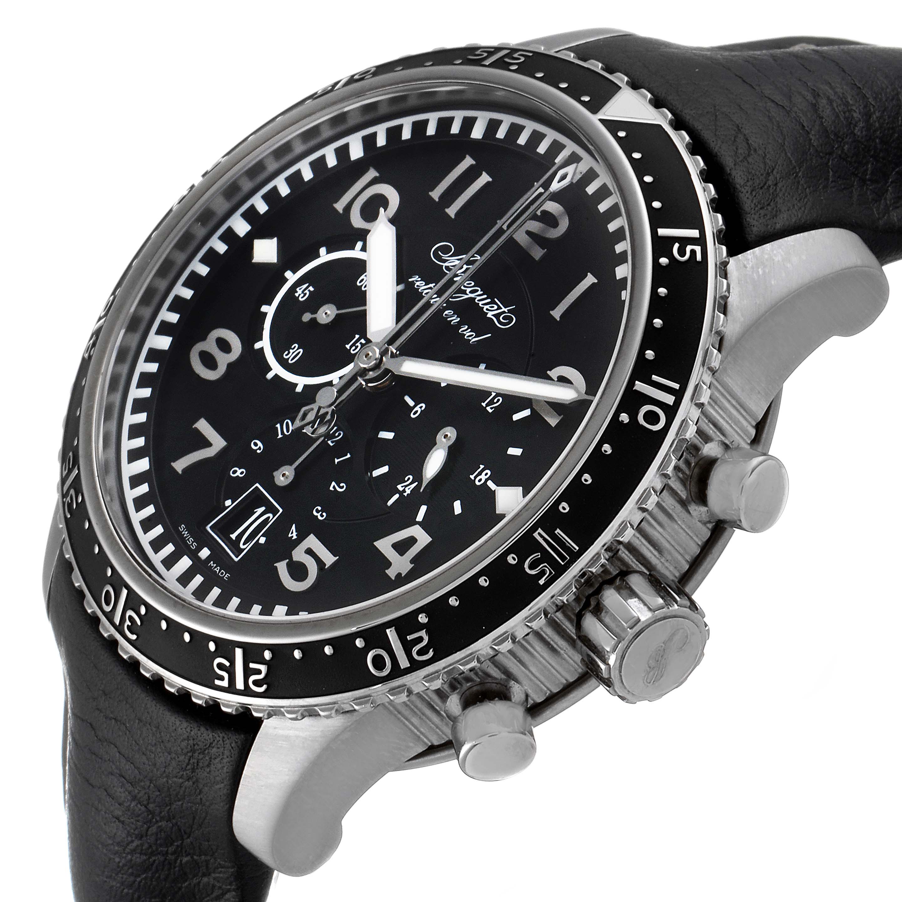 The Breguet Type XX - XXI - XXII 3810 Men's Titanium Black Dial 3810 Men's Titanium Black Dial watch is shown at an angled view, showcasing its dial, bezel, case, and crown.