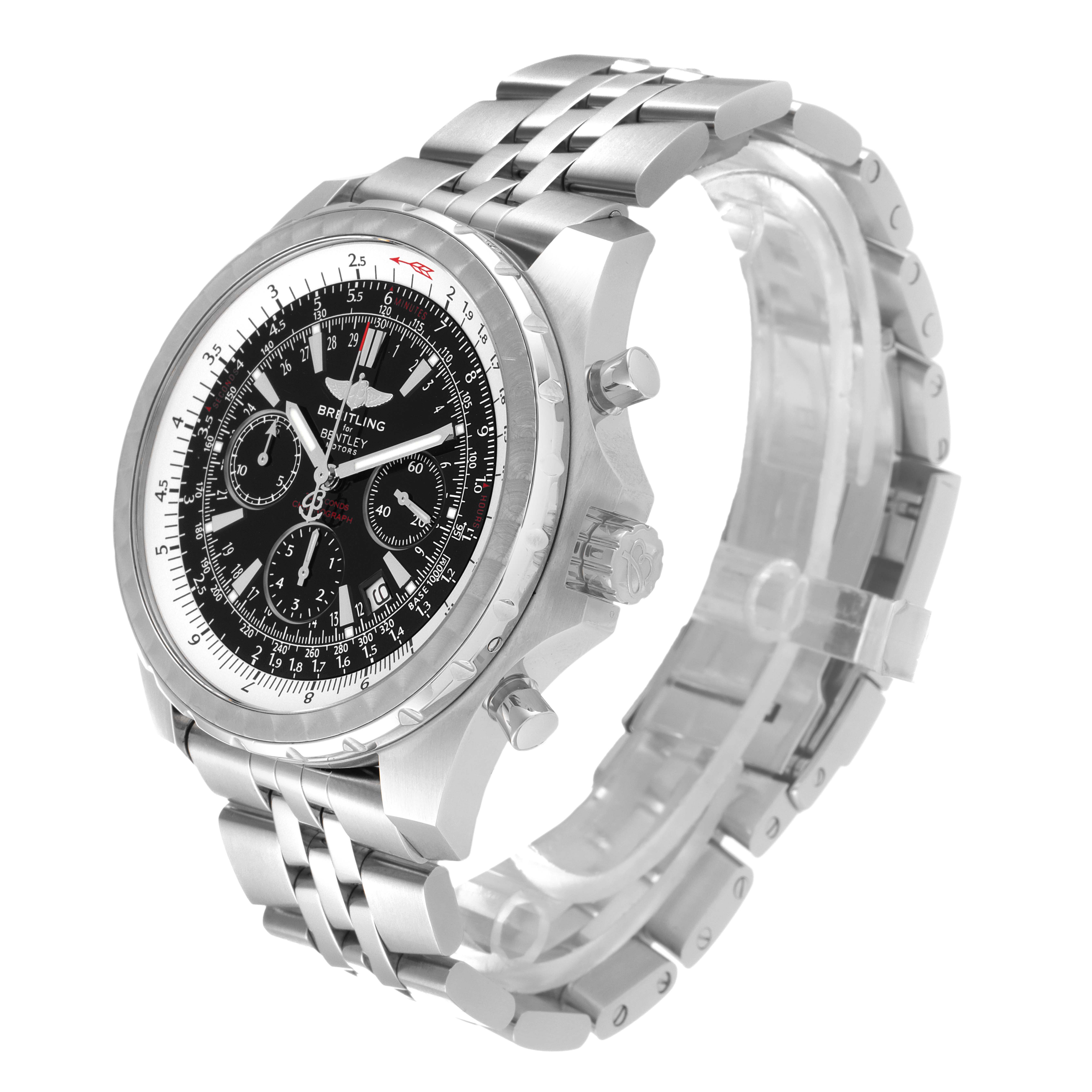 The Breitling Bentley A25363 Men's Stainless Steel Black Dial A25363 Men's Stainless Steel Black Dial watch is shown at a three-quarter angle highlighting its face, bezel, crown, and metal bracelet.