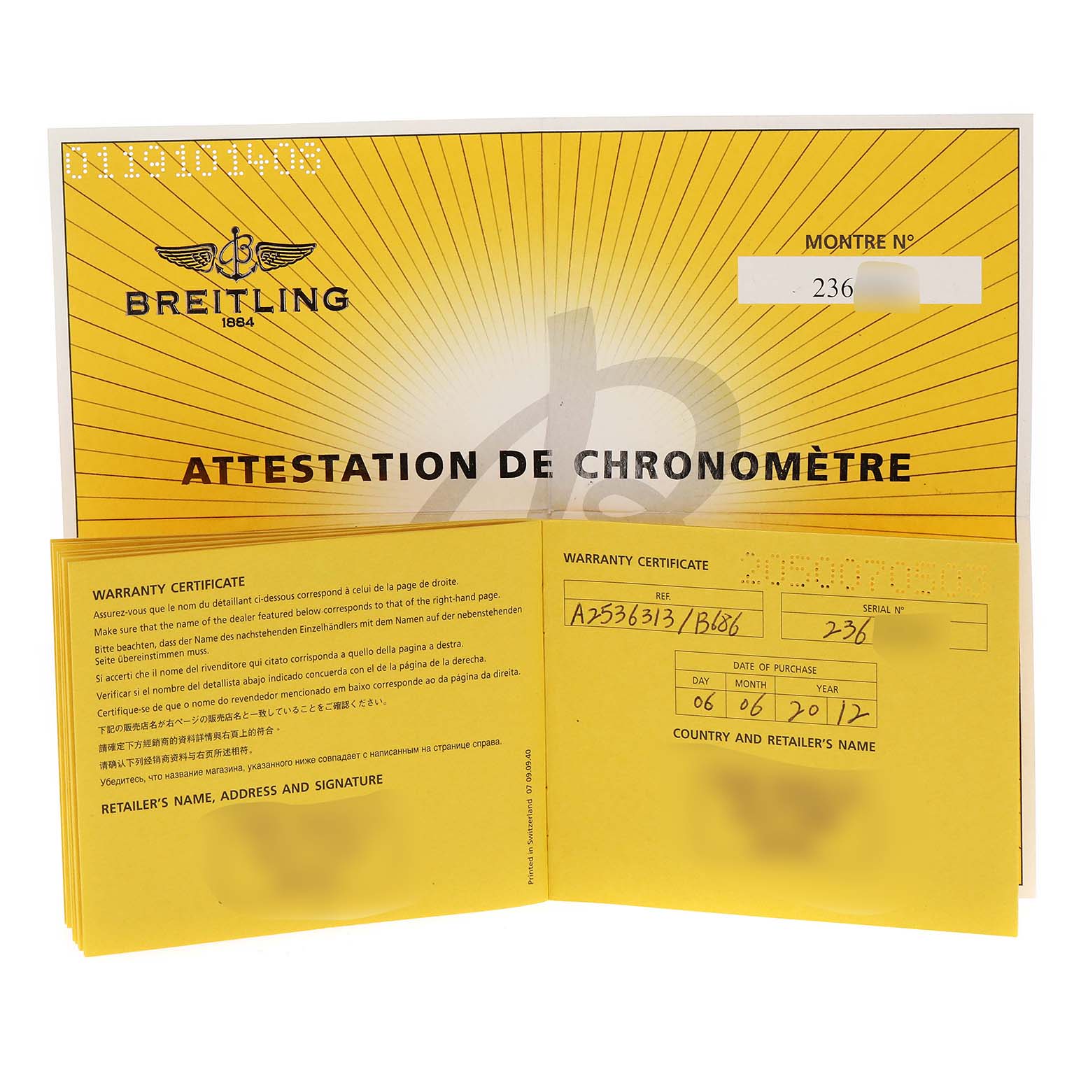 The image shows a Breitling Bentley A25363 Men's Stainless Steel Black Dial A25363 Men's Stainless Steel Black Dial model warranty certificate and chronometer attestation, viewed from the front.