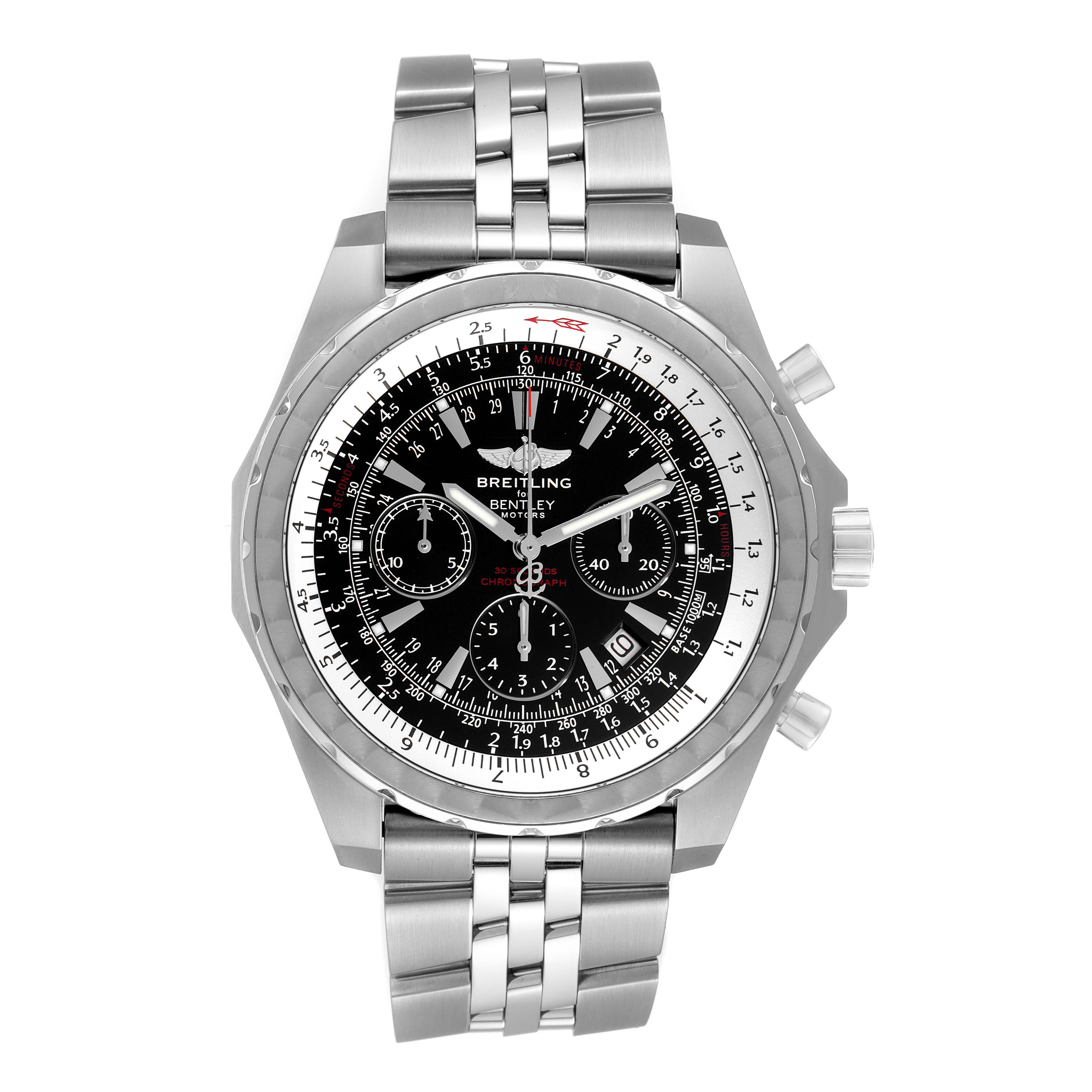 The Breitling Bentley A25363 Men's Stainless Steel Black Dial A25363 Men's Stainless Steel Black Dial watch is shown from a front angle, displaying its stainless steel band and chronograph dial.