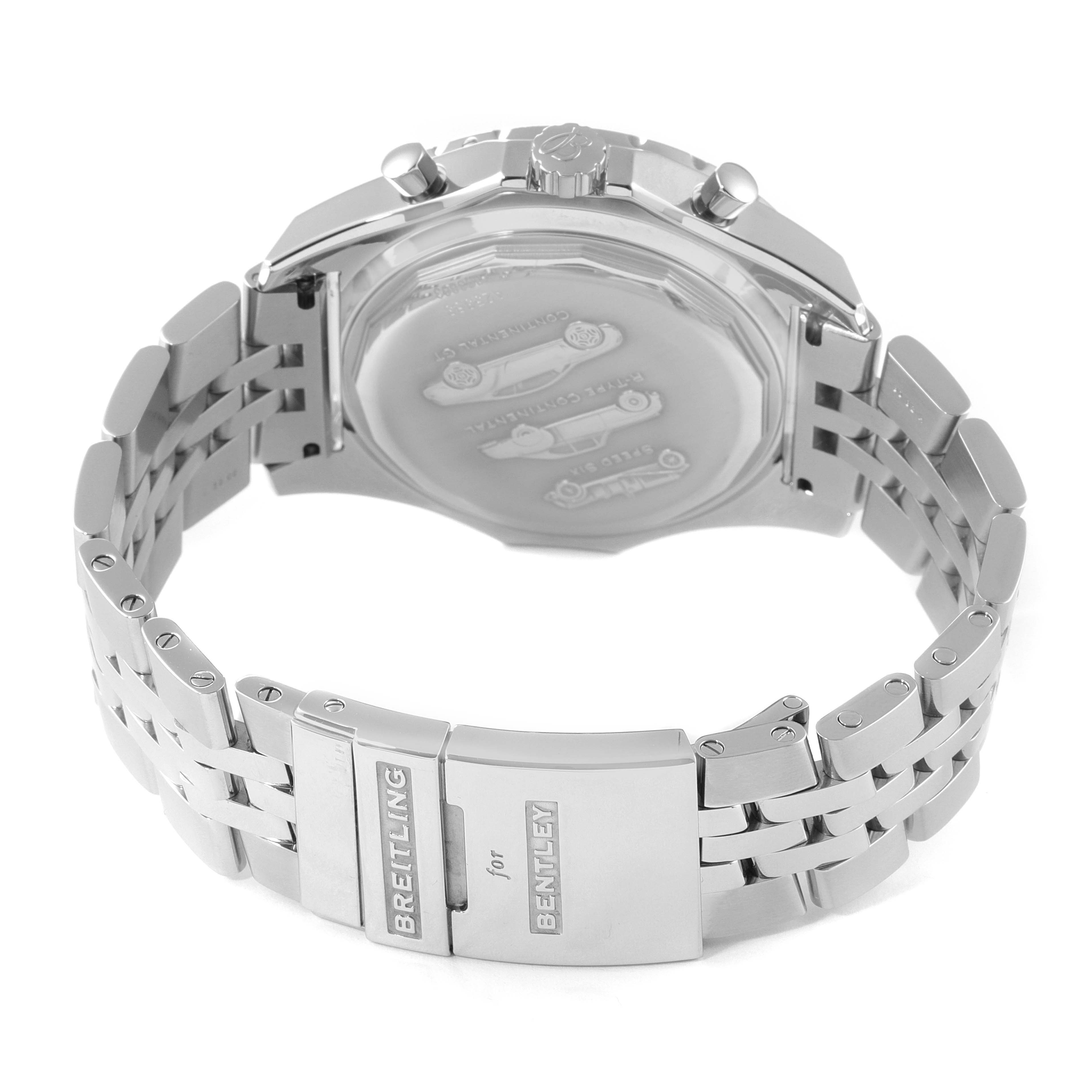 The image shows the back case and metal bracelet of the Bentley model watch by Breitling, viewed from the rear.