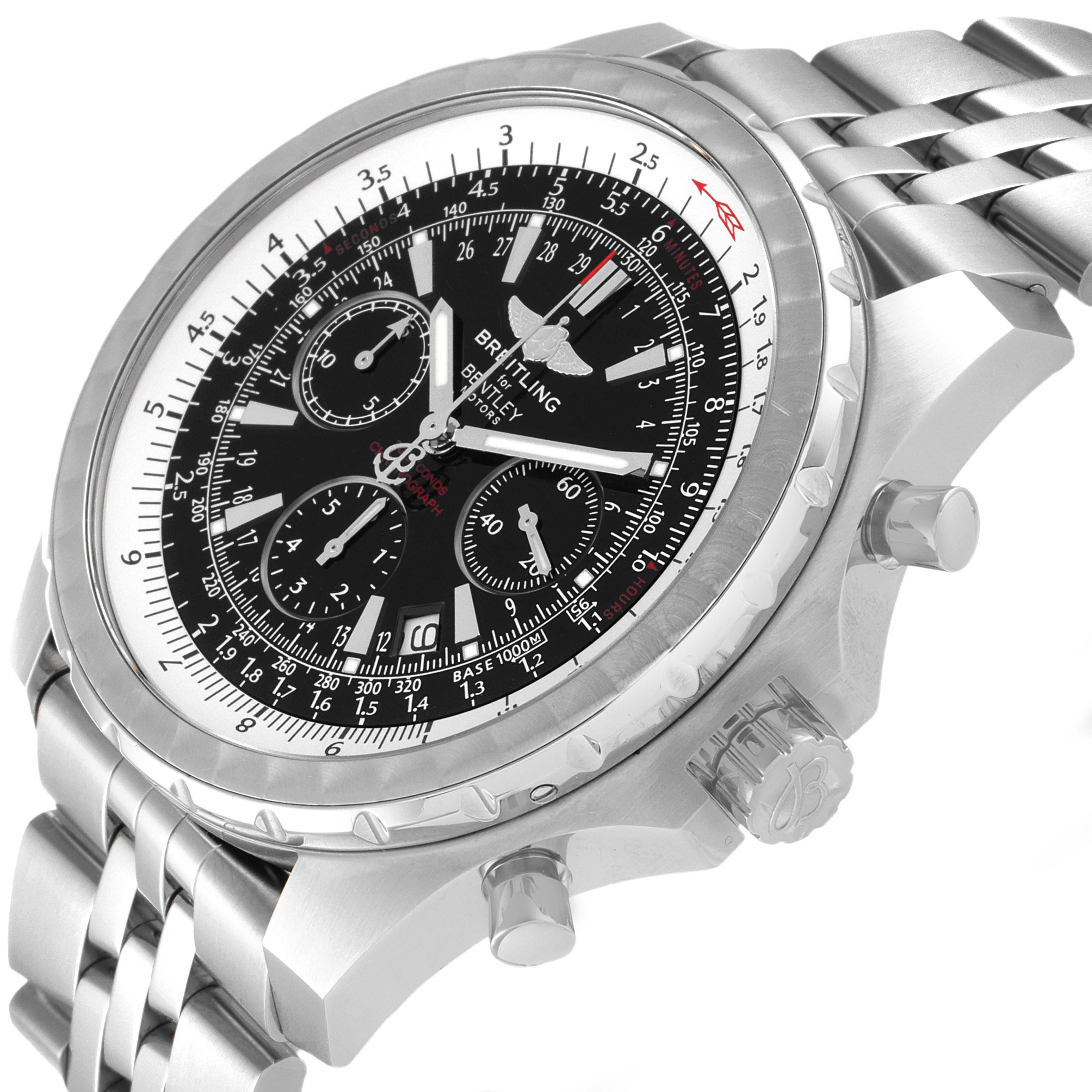 The image shows a side and slightly angled view of the Breitling Bentley A25363 Men's Stainless Steel Black Dial A25363 Men's Stainless Steel Black Dial watch, showcasing its face, bracelet, and crown.