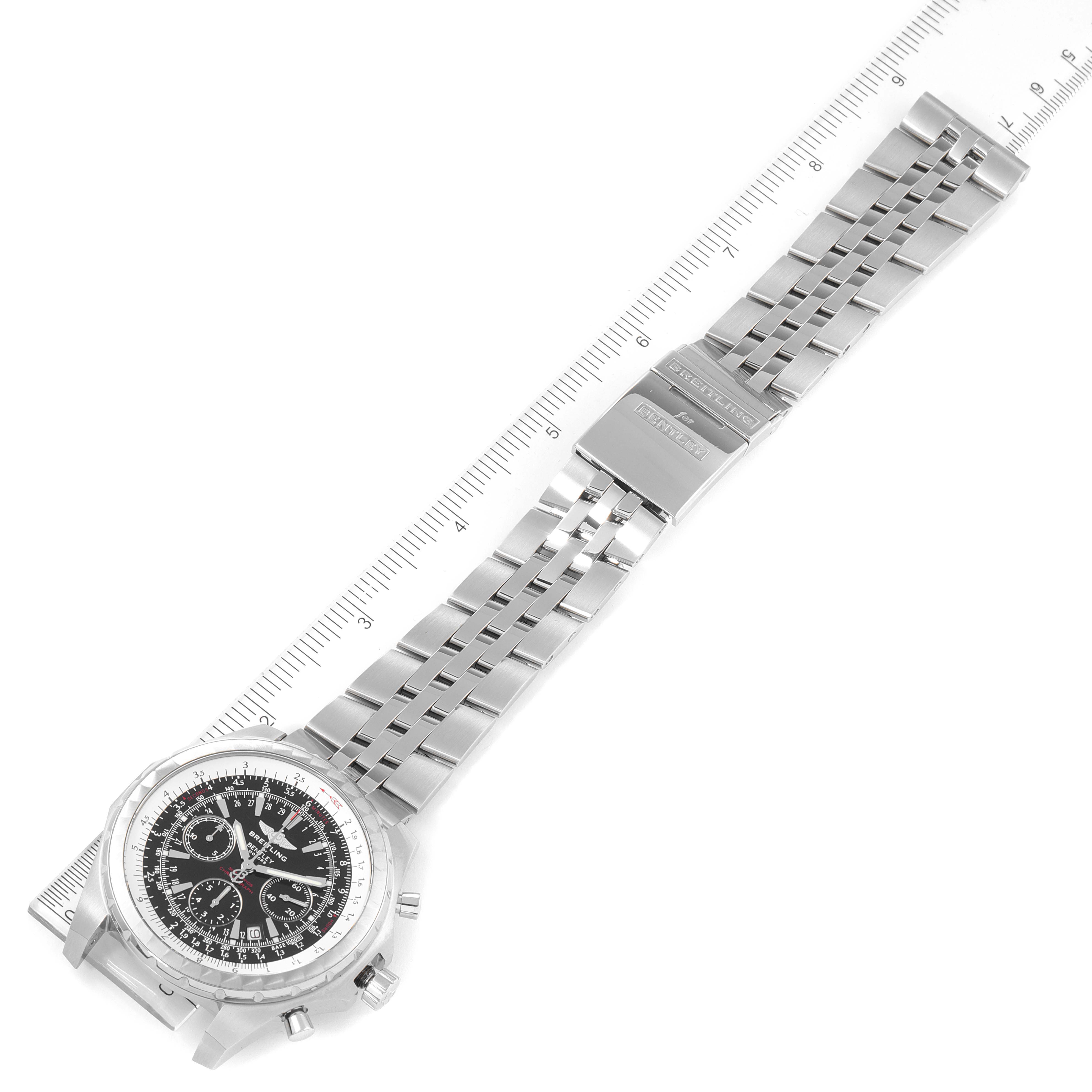 The Breitling Bentley A25363 Men's Stainless Steel Black Dial A25363 Men's Stainless Steel Black Dial model watch is shown from a top-down angle, displaying the face, bezel, and metal strap with a folded clasp.