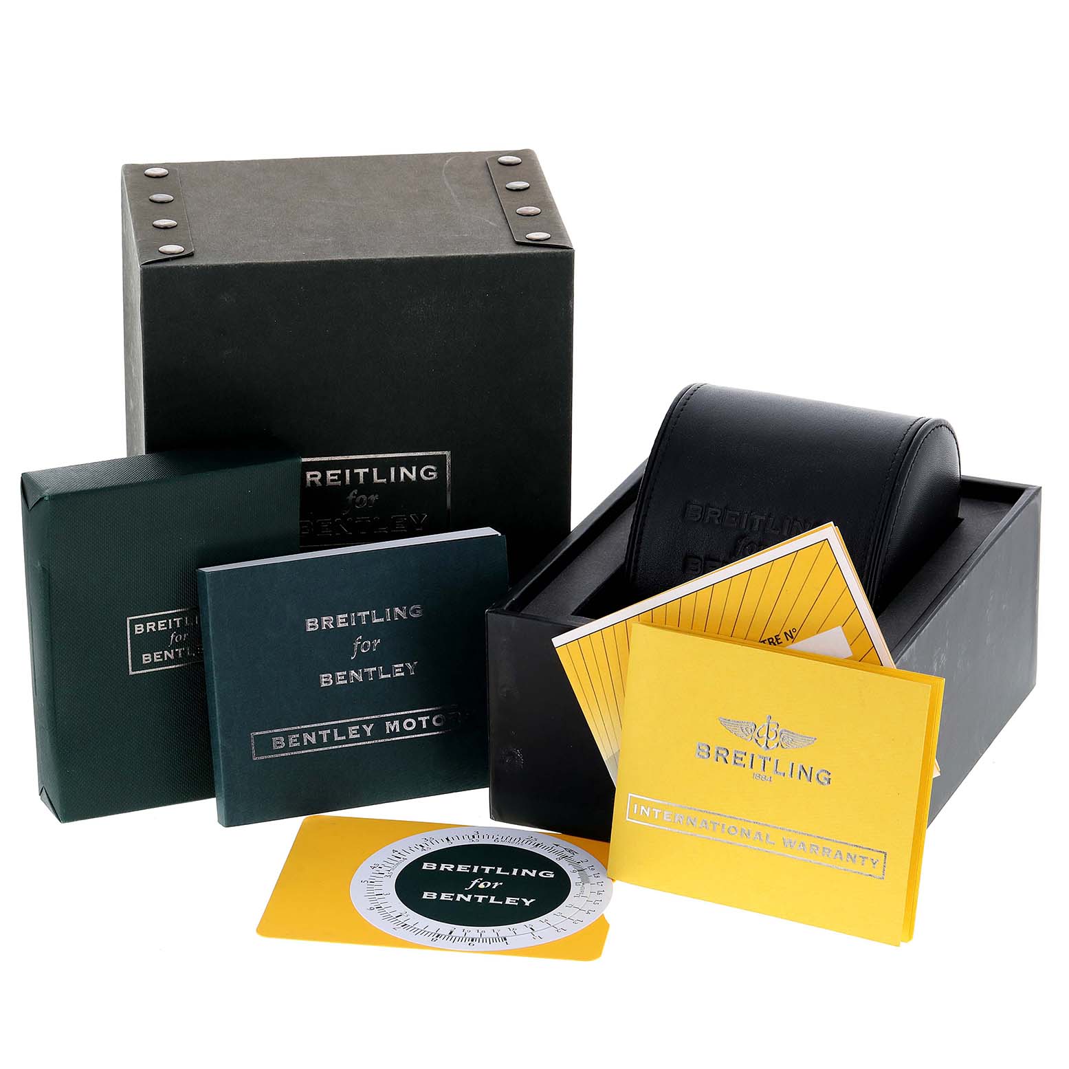The image shows the box, warranty card, manuals, and accessories for the Breitling Bentley A25363 Men's Stainless Steel Black Dial A25363 Men's Stainless Steel Black Dial watch model from a frontal angle.
