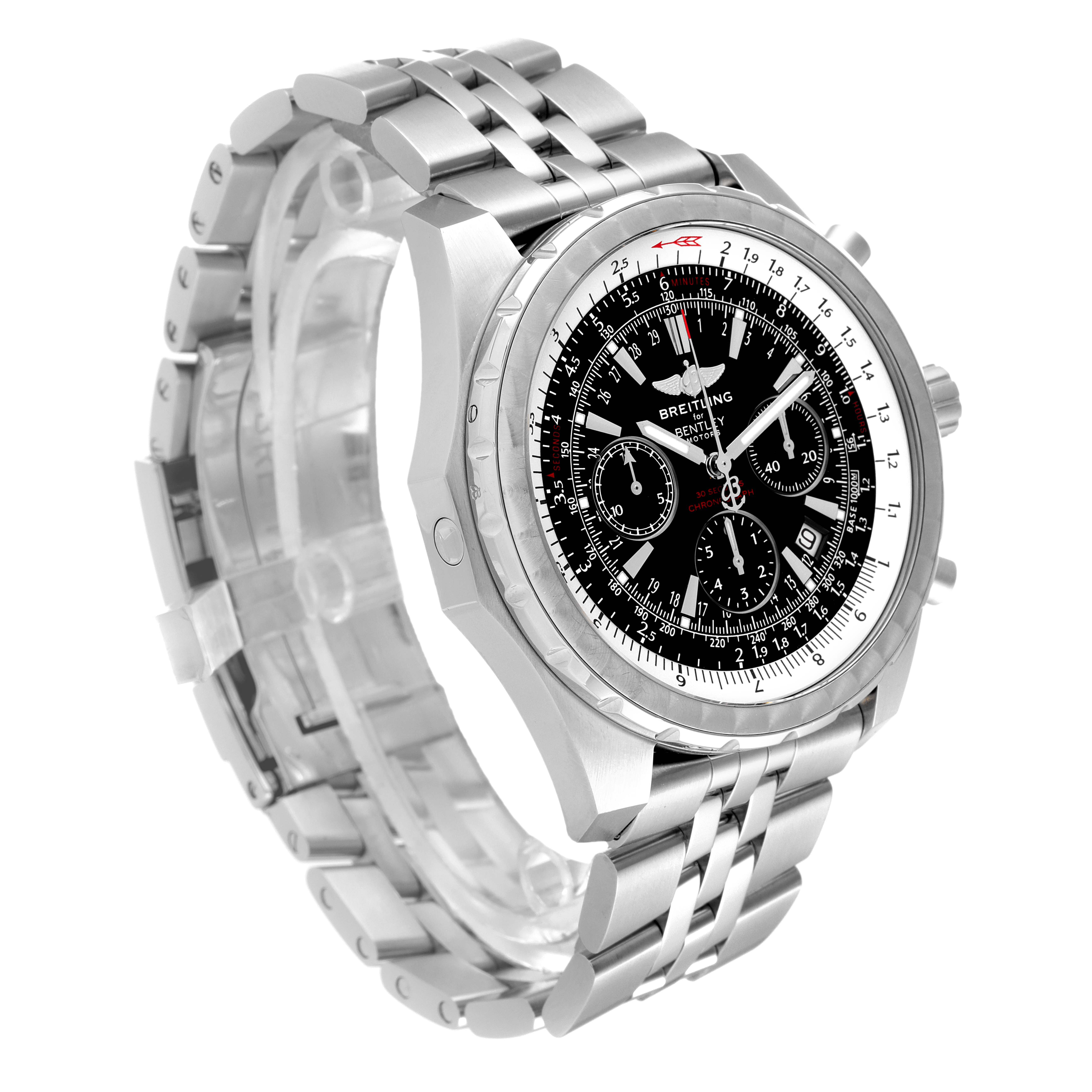 The Bentley model by Breitling is shown at a slight three-quarter angle, displaying its stainless steel bracelet and detailed face.