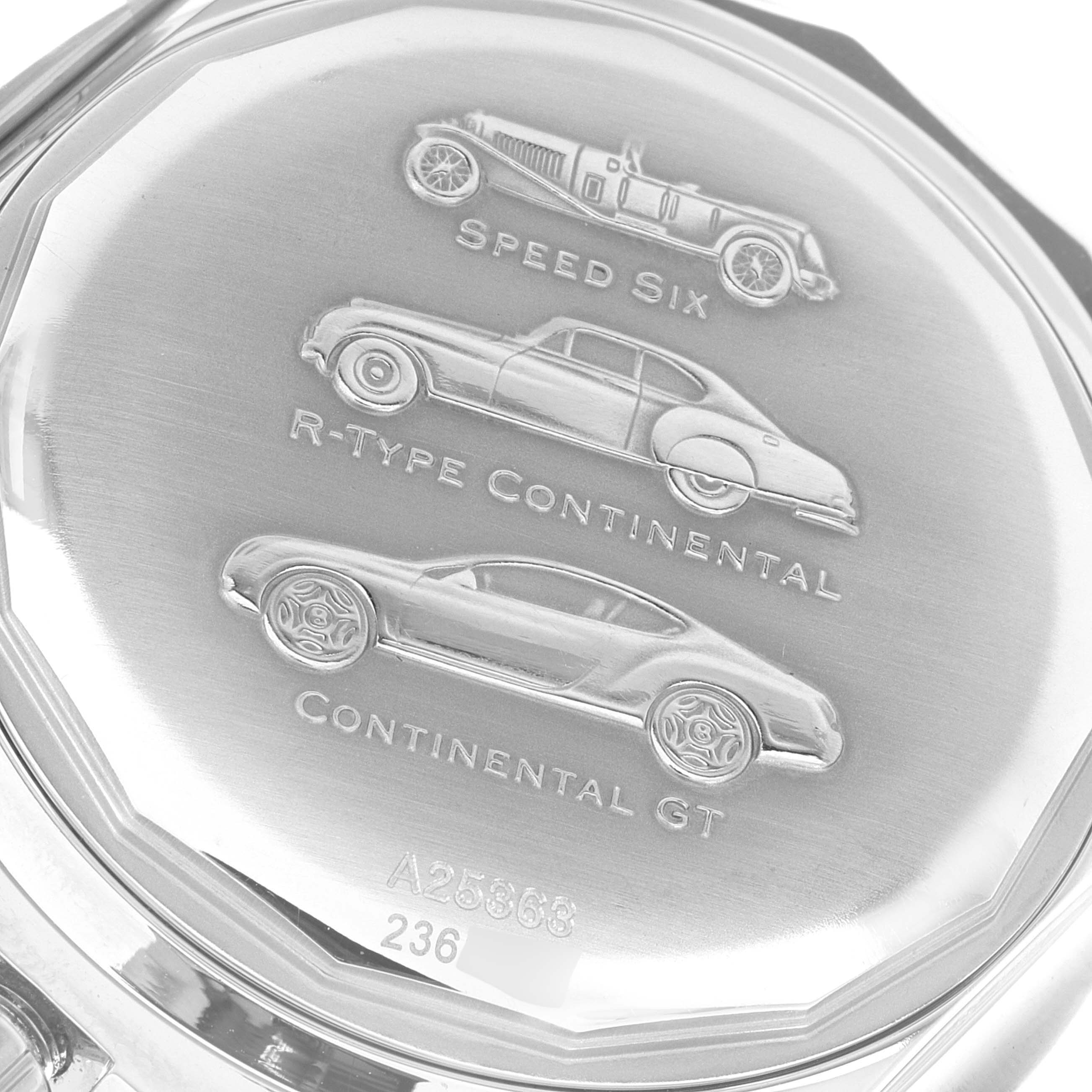 The image shows the back case of a Breitling Bentley A25363 Men's Stainless Steel Black Dial A25363 Men's Stainless Steel Black Dial watch featuring engravings of different Bentley car models.