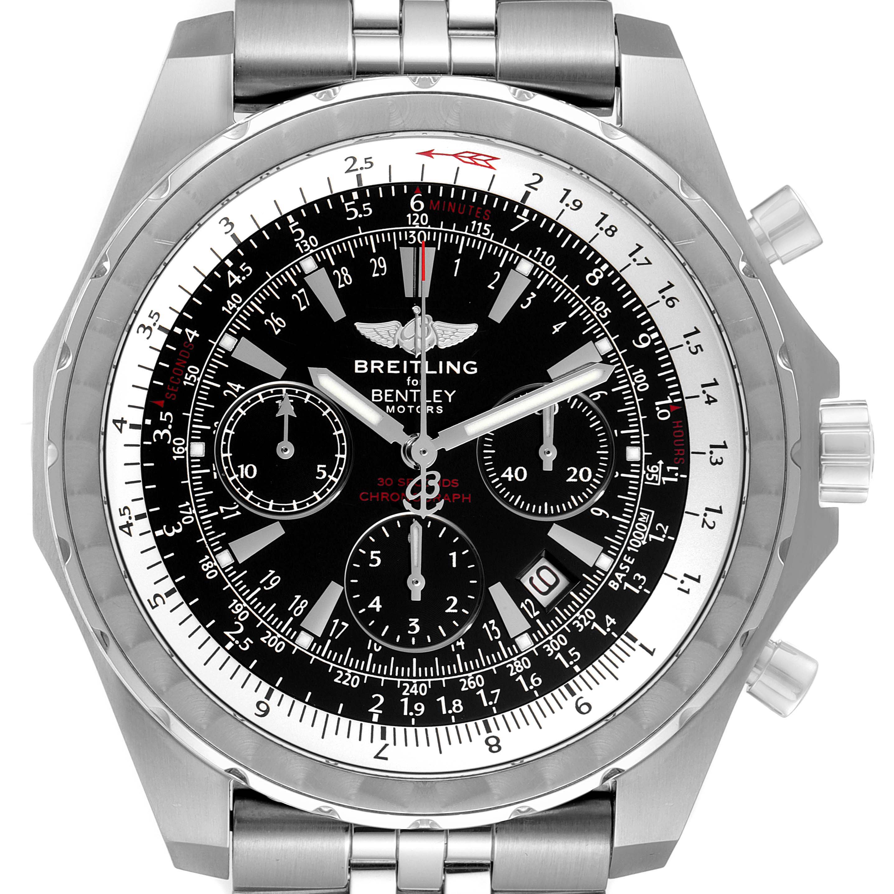 The image shows a top-angle view of a Breitling Bentley A25363 Men's Stainless Steel Black Dial A25363 Men's Stainless Steel Black Dial model watch, displaying its detailed dial, bezel, pushers, and bracelet.