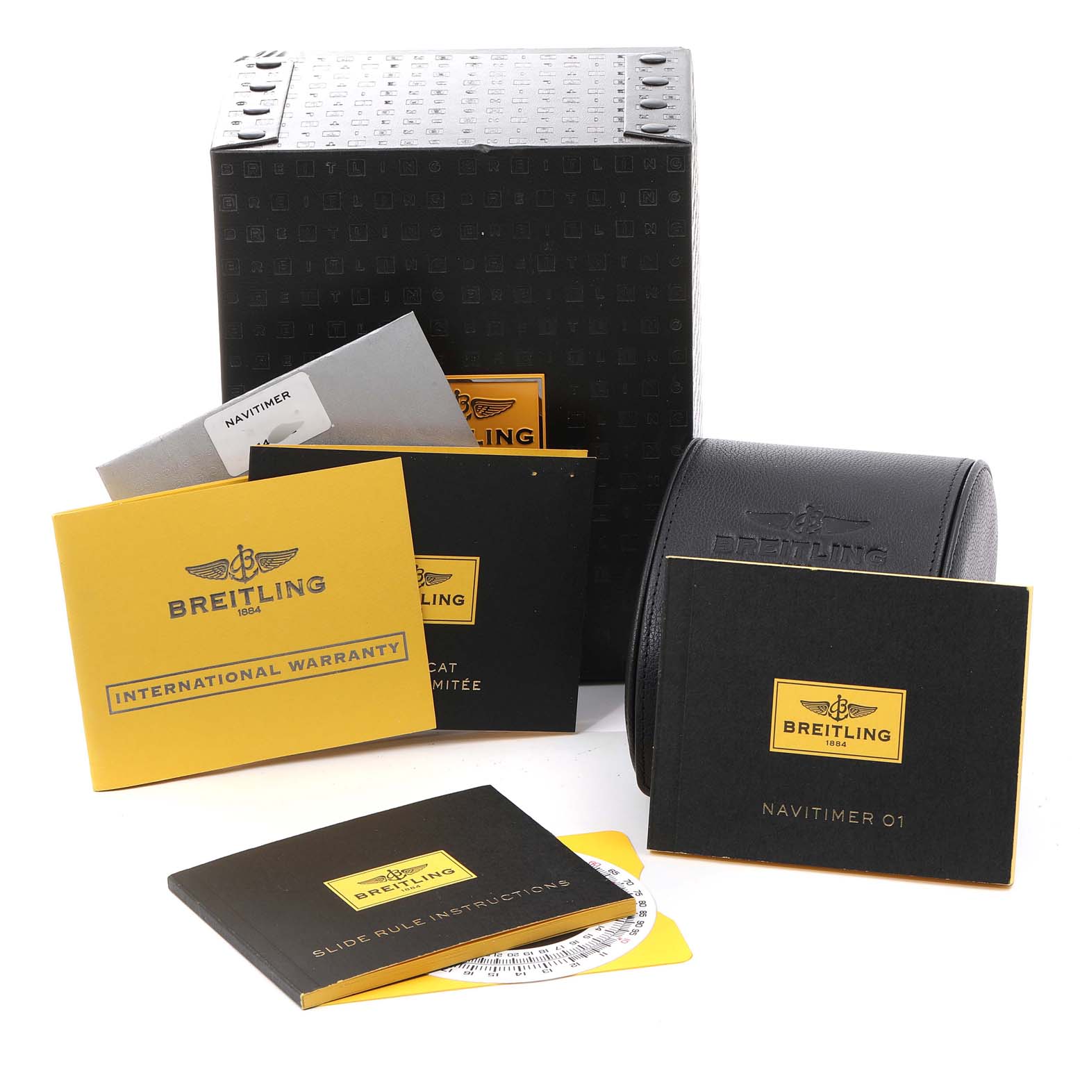 The image displays the packaging and accessories for a Breitling Navitimer AB0121C4-Q605-739P-A20BA.1 Men's Stainless Steel Brown Dial AB0121C4-Q605-739P-A20BA.1 Men's Stainless Steel Brown Dial, including a box, travel case, and documentation.