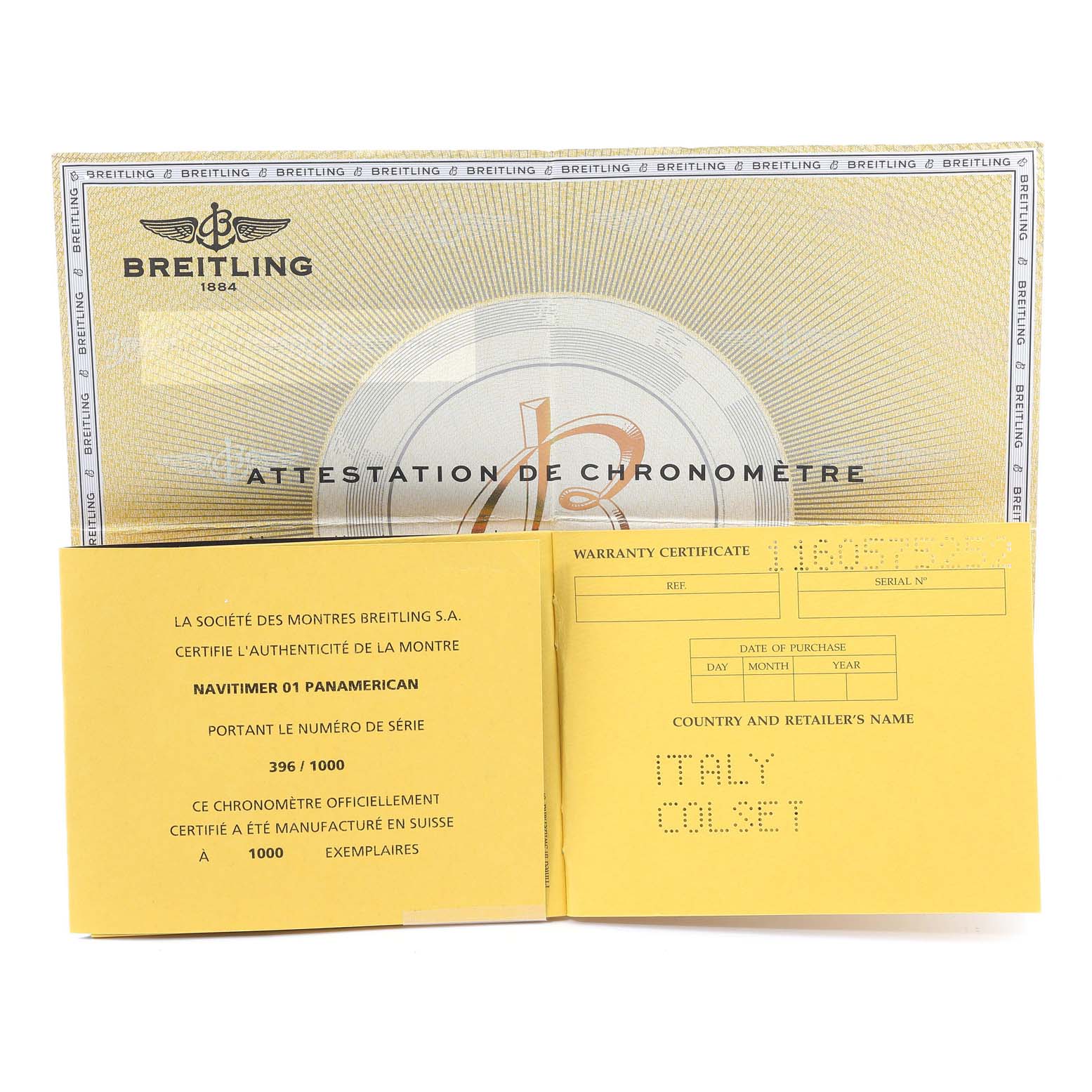 The image shows the certification and warranty documents for the Breitling Navitimer AB0121C4-Q605-739P-A20BA.1 Men's Stainless Steel Brown Dial AB0121C4-Q605-739P-A20BA.1 Men's Stainless Steel Brown Dial model watch.