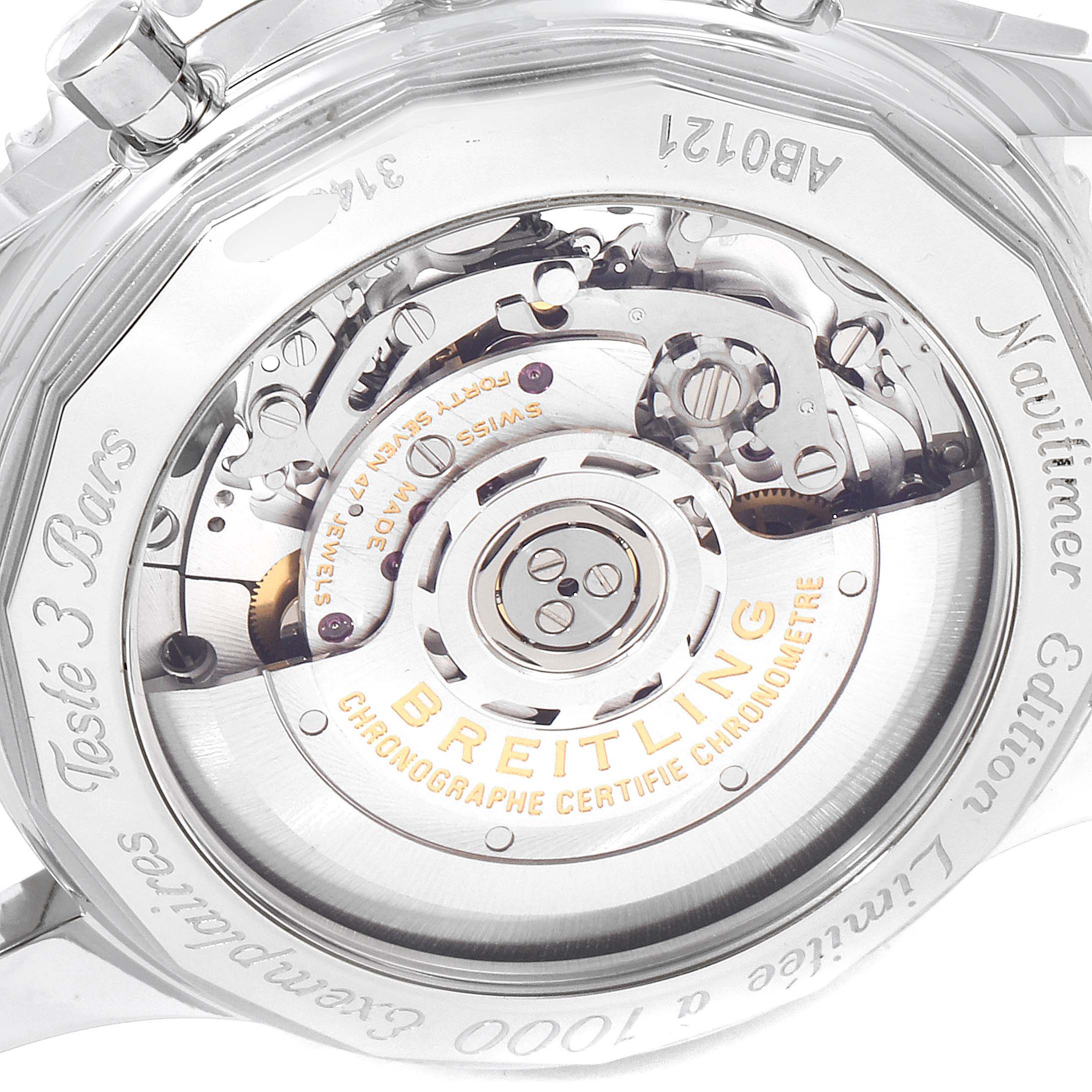 This image shows the back view of the Breitling Navitimer AB0121C4-Q605-739P-A20BA.1 Men's Stainless Steel Brown Dial AB0121C4-Q605-739P-A20BA.1 Men's Stainless Steel Brown Dial watch, highlighting its mechanical movement.