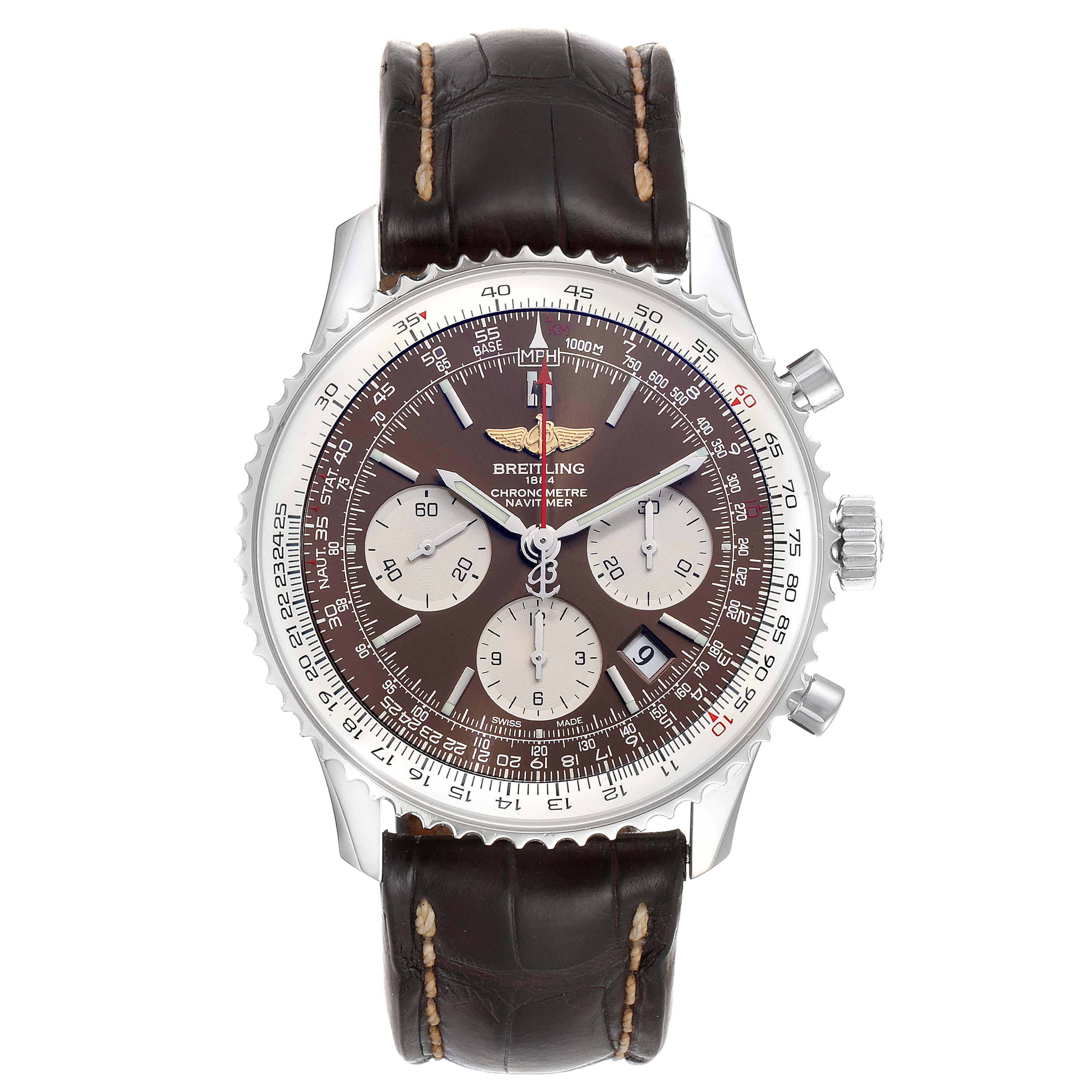 This image shows a front view of a Breitling Navitimer AB0121C4-Q605-739P-A20BA.1 Men's Stainless Steel Brown Dial AB0121C4-Q605-739P-A20BA.1 Men's Stainless Steel Brown Dial watch, featuring a brown dial, three subdials, and a brown leather strap.