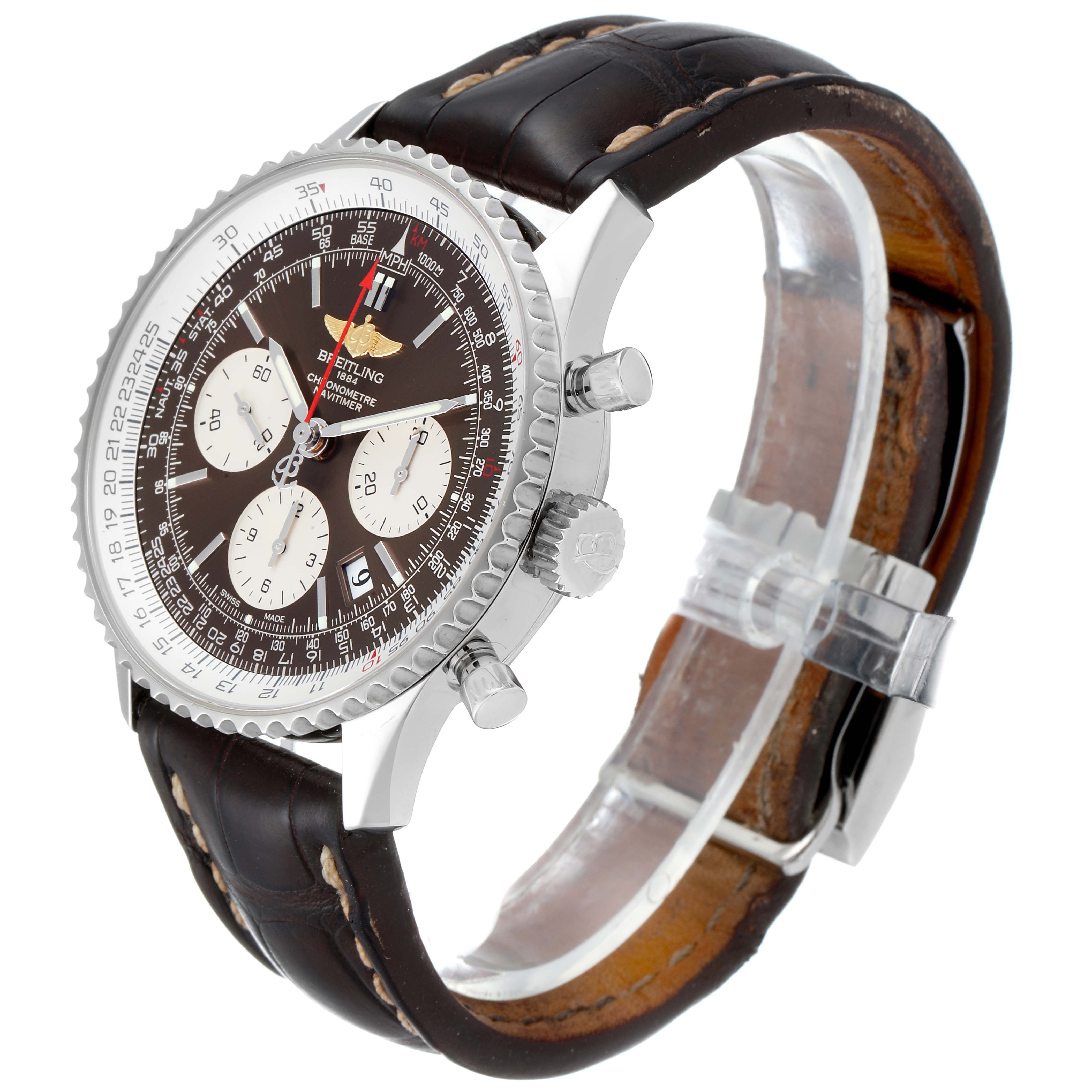 The Breitling Navitimer AB0121C4-Q605-739P-A20BA.1 Men's Stainless Steel Brown Dial AB0121C4-Q605-739P-A20BA.1 Men's Stainless Steel Brown Dial watch is shown from a three-quarter view, displaying its dial, bezel, chronograph pushers, and leather strap.