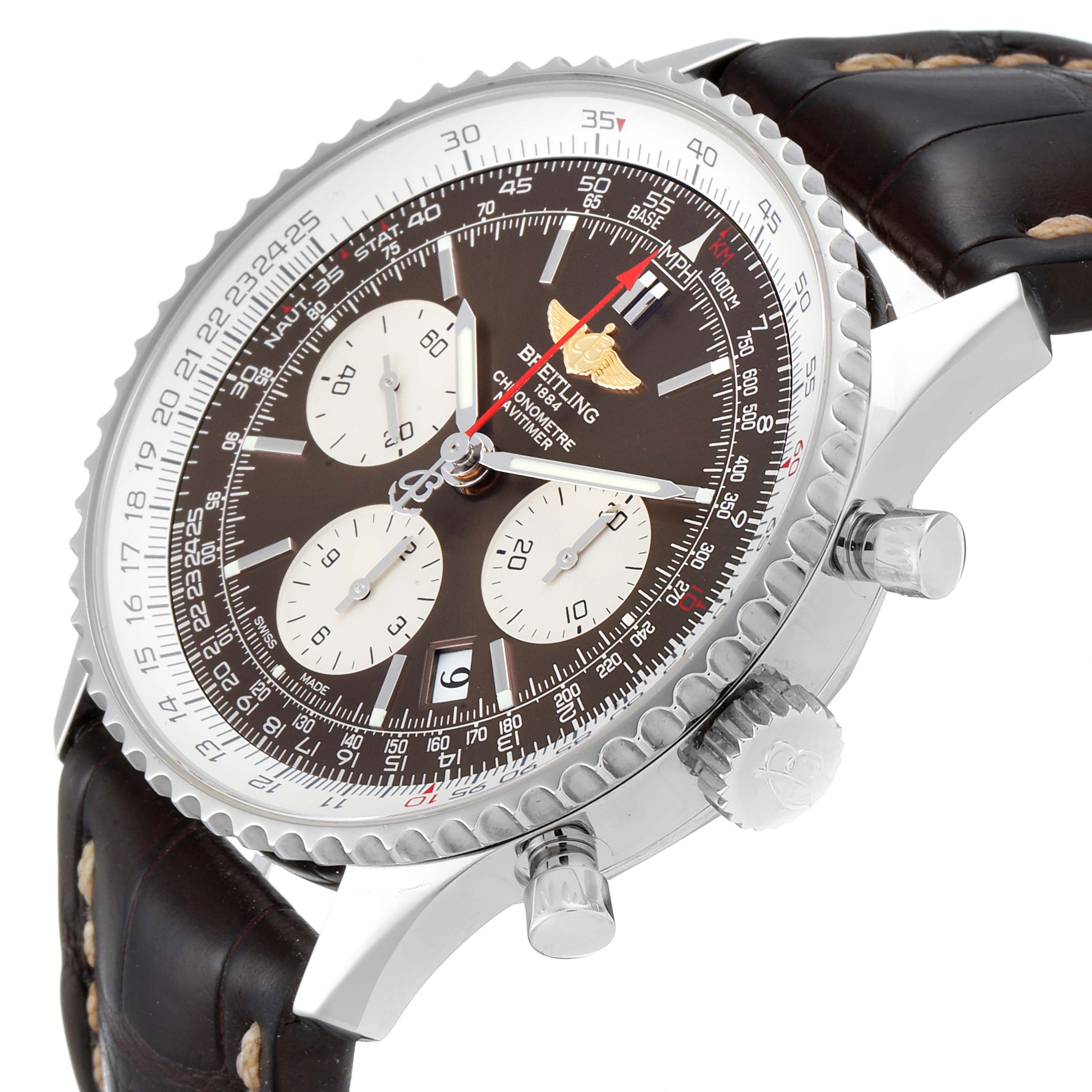 This image shows a Breitling Navitimer AB0121C4-Q605-739P-A20BA.1 Men's Stainless Steel Brown Dial AB0121C4-Q605-739P-A20BA.1 Men's Stainless Steel Brown Dial watch at a slight angle, highlighting its face, bezel, crown, and leather strap.