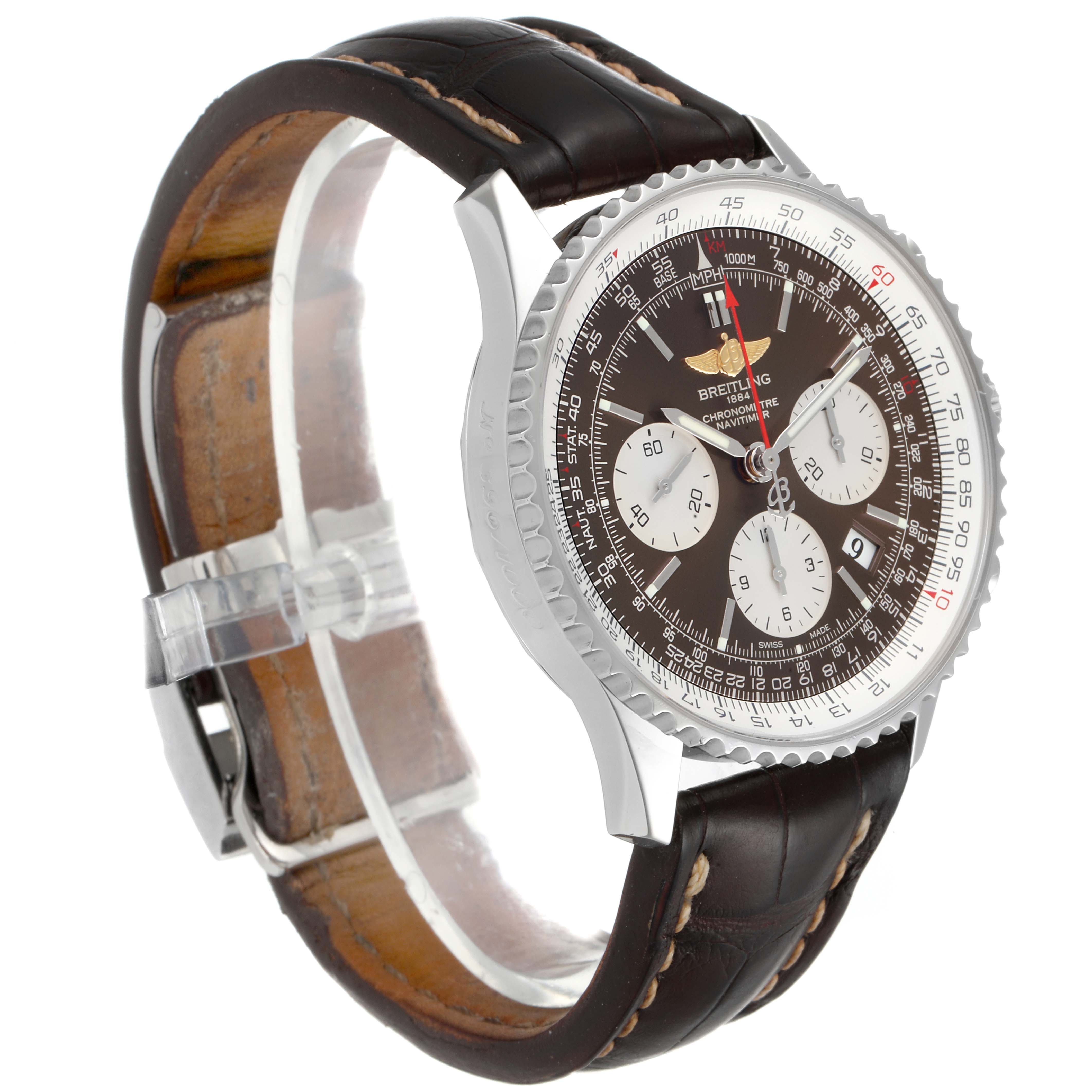 The watch is a Breitling Navitimer AB0121C4-Q605-739P-A20BA.1 Men's Stainless Steel Brown Dial AB0121C4-Q605-739P-A20BA.1 Men's Stainless Steel Brown Dial model shown at a slight angle, displaying the face, bezel, and leather strap.