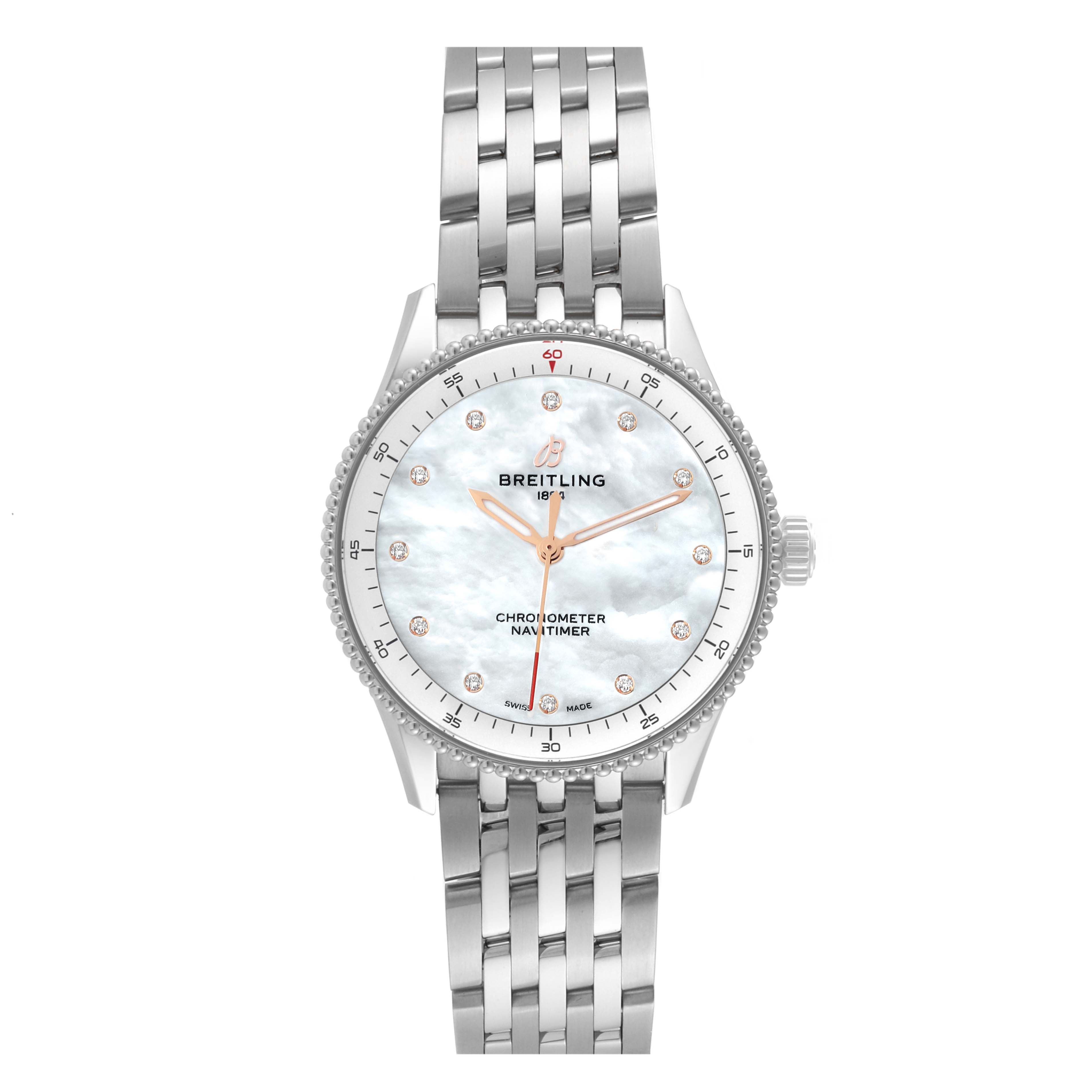 This is a front-angle view of the Breitling A77320E61A2A1 Women's Stainless Steel Mother of Pearl Dial A77320E61A2A1 Women's Stainless Steel Mother of Pearl Dial Navitimer 32 Mother of Pearl Diamond Dial Steel Ladies Watch A77320.