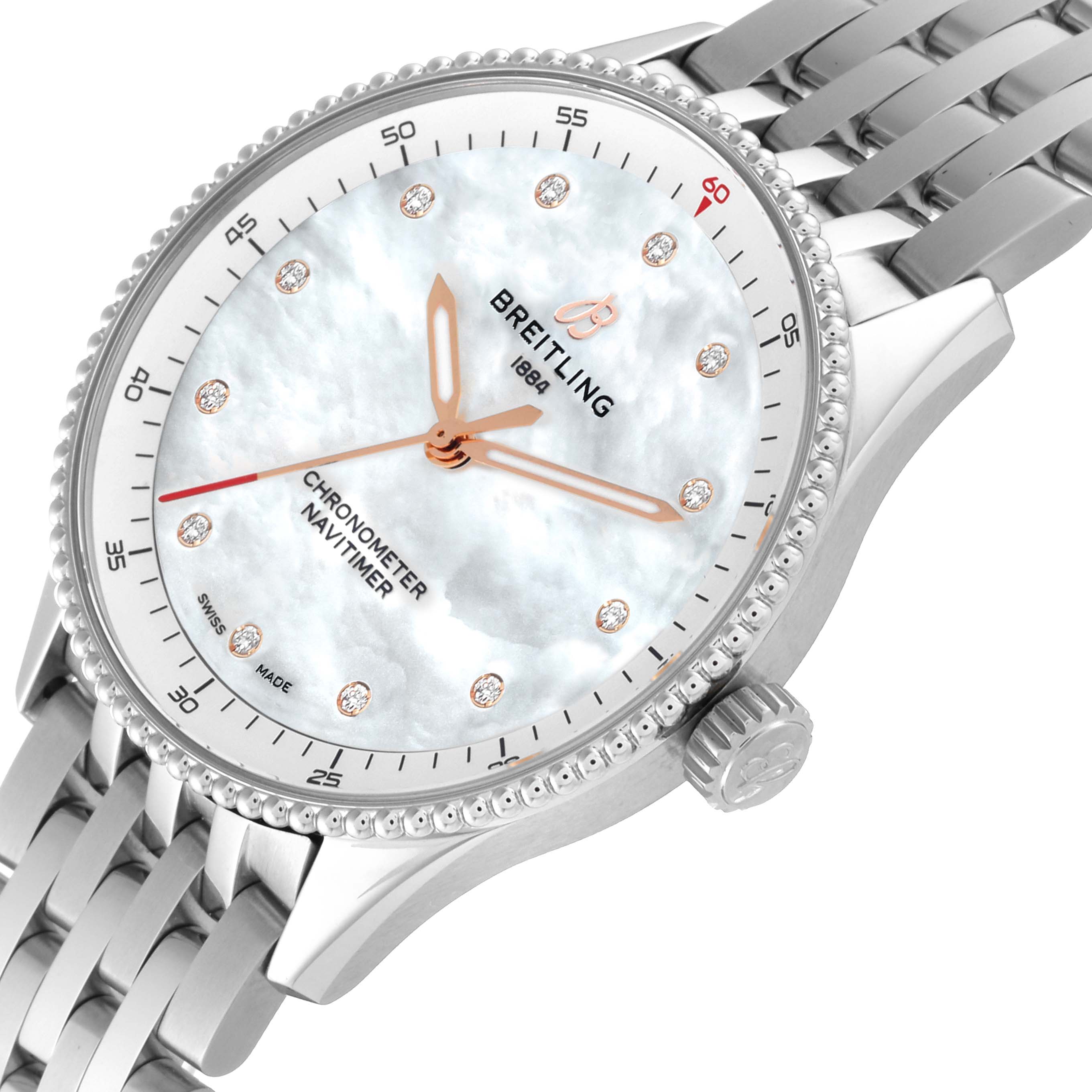 The Breitling A77320E61A2A1 Women's Stainless Steel Mother of Pearl Dial A77320E61A2A1 Women's Stainless Steel Mother of Pearl Dial Navitimer 32 Mother of Pearl Diamond Dial Steel Ladies Watch A77320 is shown from an angled close-up highlighting the dial, bezel, and bracelet.