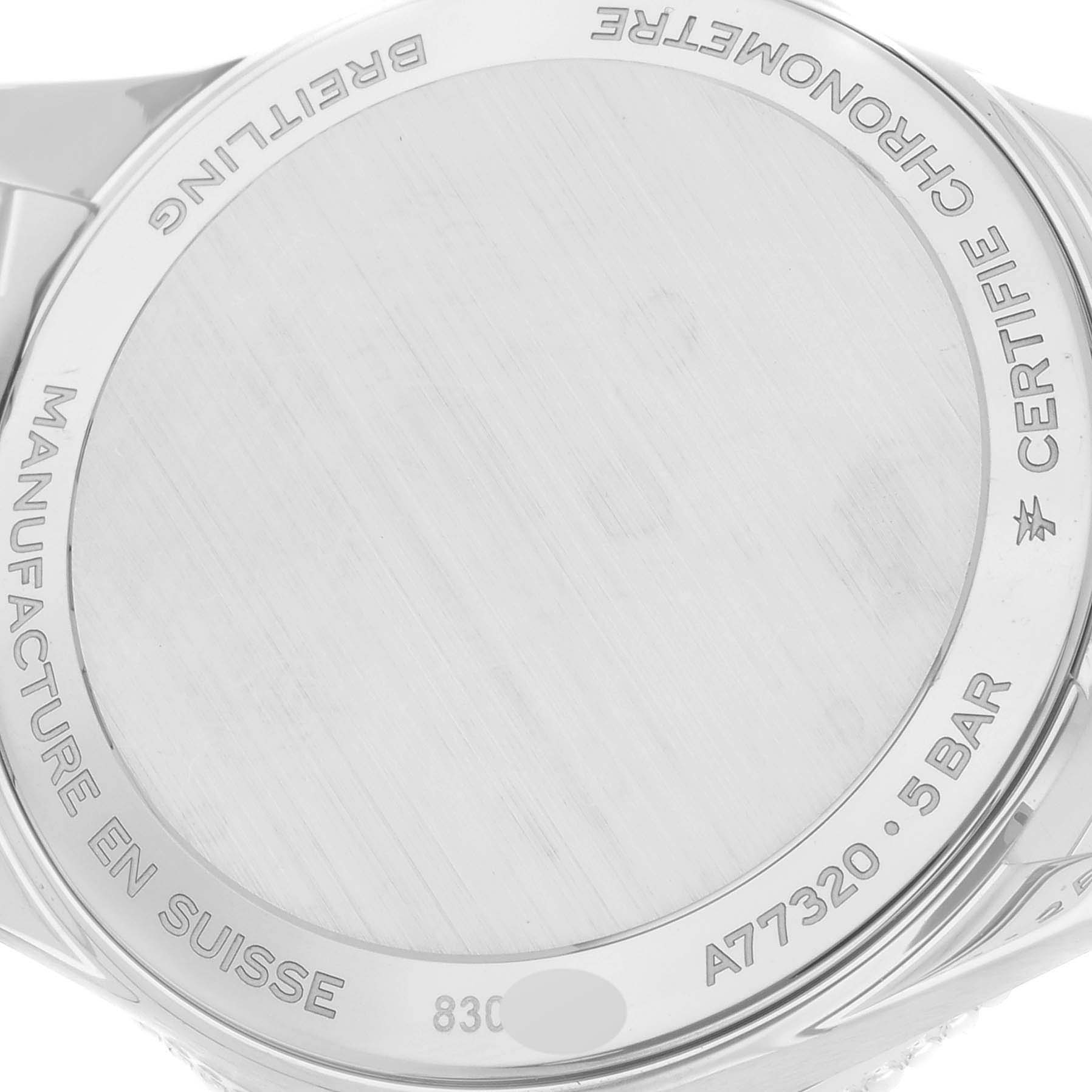 This image shows the back case of the Breitling A77320E61A2A1 Women's Stainless Steel Mother of Pearl Dial A77320E61A2A1 Women's Stainless Steel Mother of Pearl Dial Navitimer 32 Mother of Pearl Diamond Dial Steel Ladies Watch A77320.