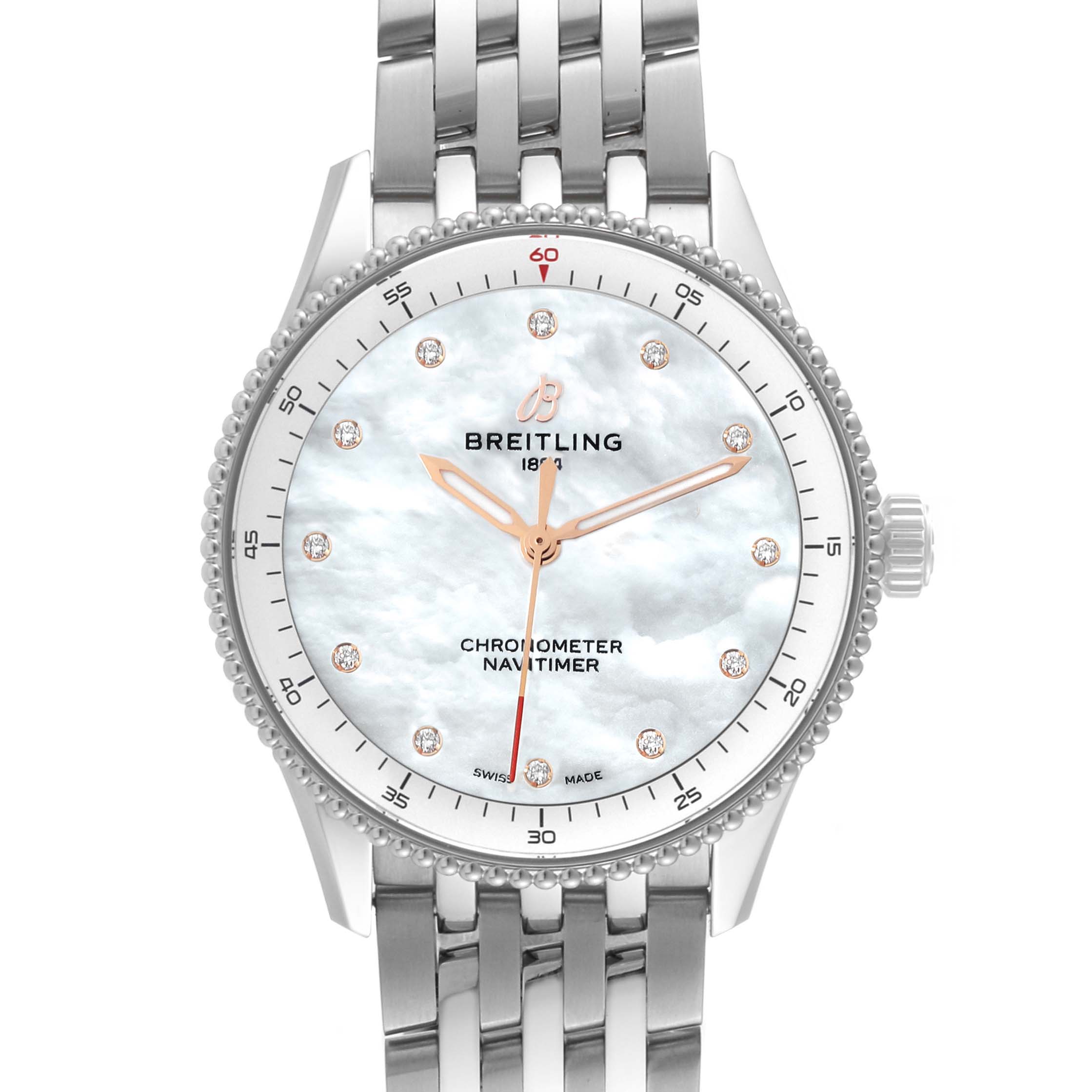The image shows a front view of the Breitling A77320E61A2A1 Women's Stainless Steel Mother of Pearl Dial A77320E61A2A1 Women's Stainless Steel Mother of Pearl Dial Navitimer 32 Mother of Pearl Diamond Dial Steel Ladies Watch A77320, highlighting the dial and bracelet.