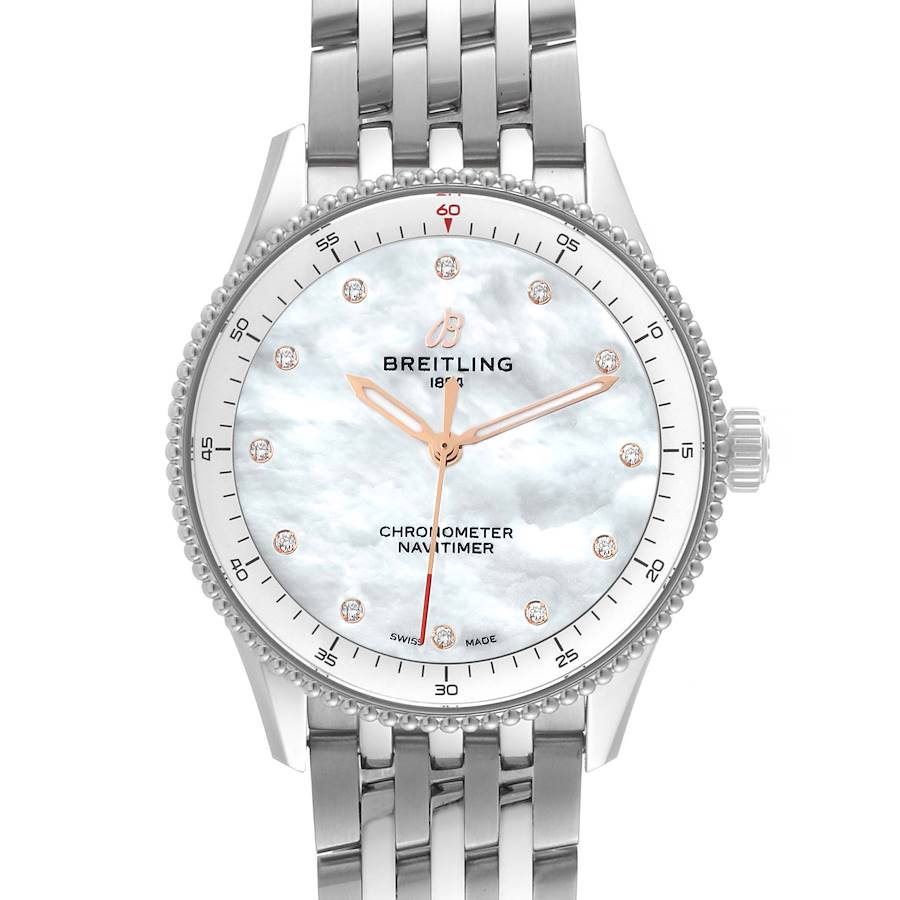 Breitling Navitimer 32 Mother of Pearl Diamond Dial Steel Ladies Watch A77320 Box Card SwissWatchExpo