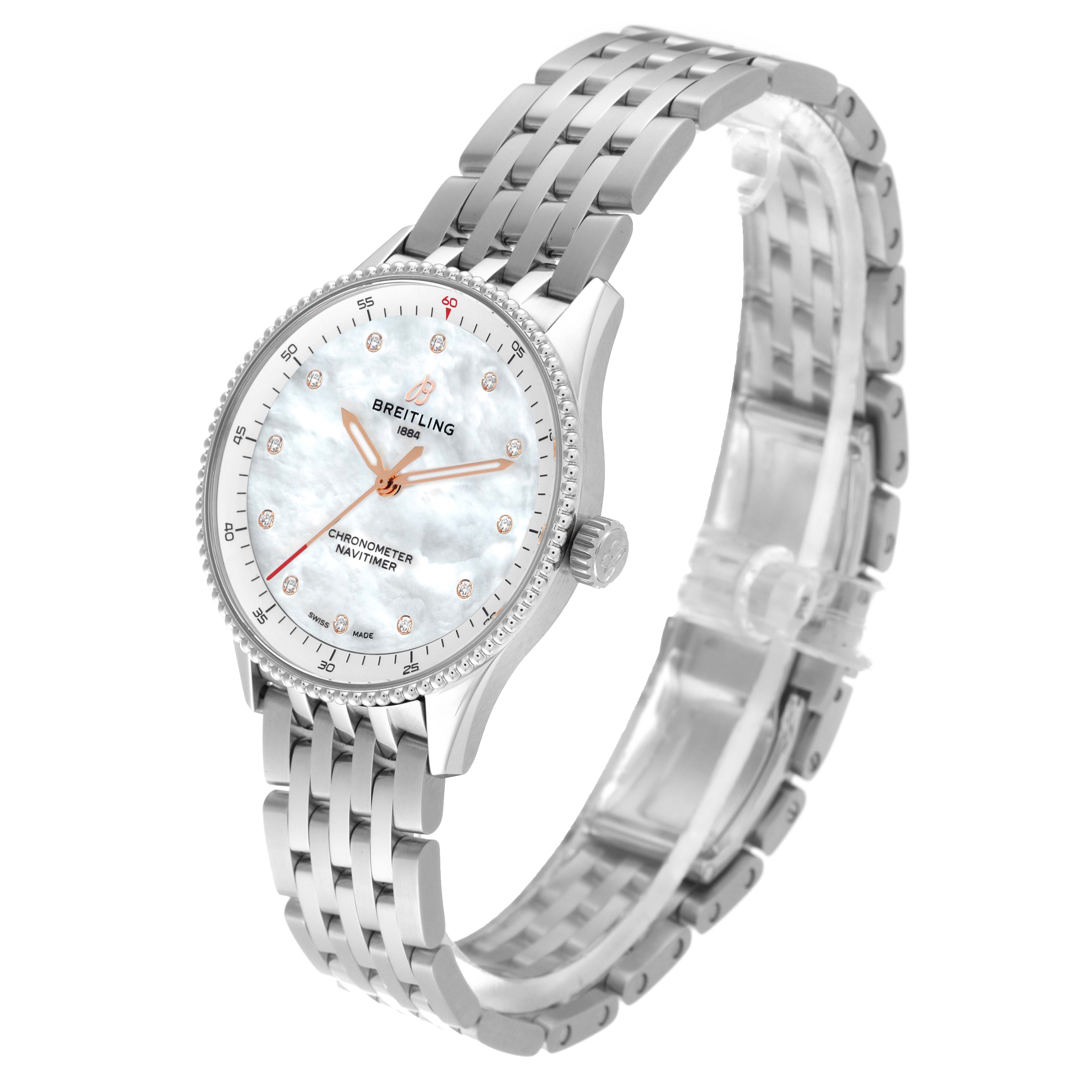 The image shows a Breitling A77320E61A2A1 Women's Stainless Steel Mother of Pearl Dial A77320E61A2A1 Women's Stainless Steel Mother of Pearl Dial Navitimer 32 Mother of Pearl Diamond Dial Steel Ladies Watch A77320 from a front-left angle.