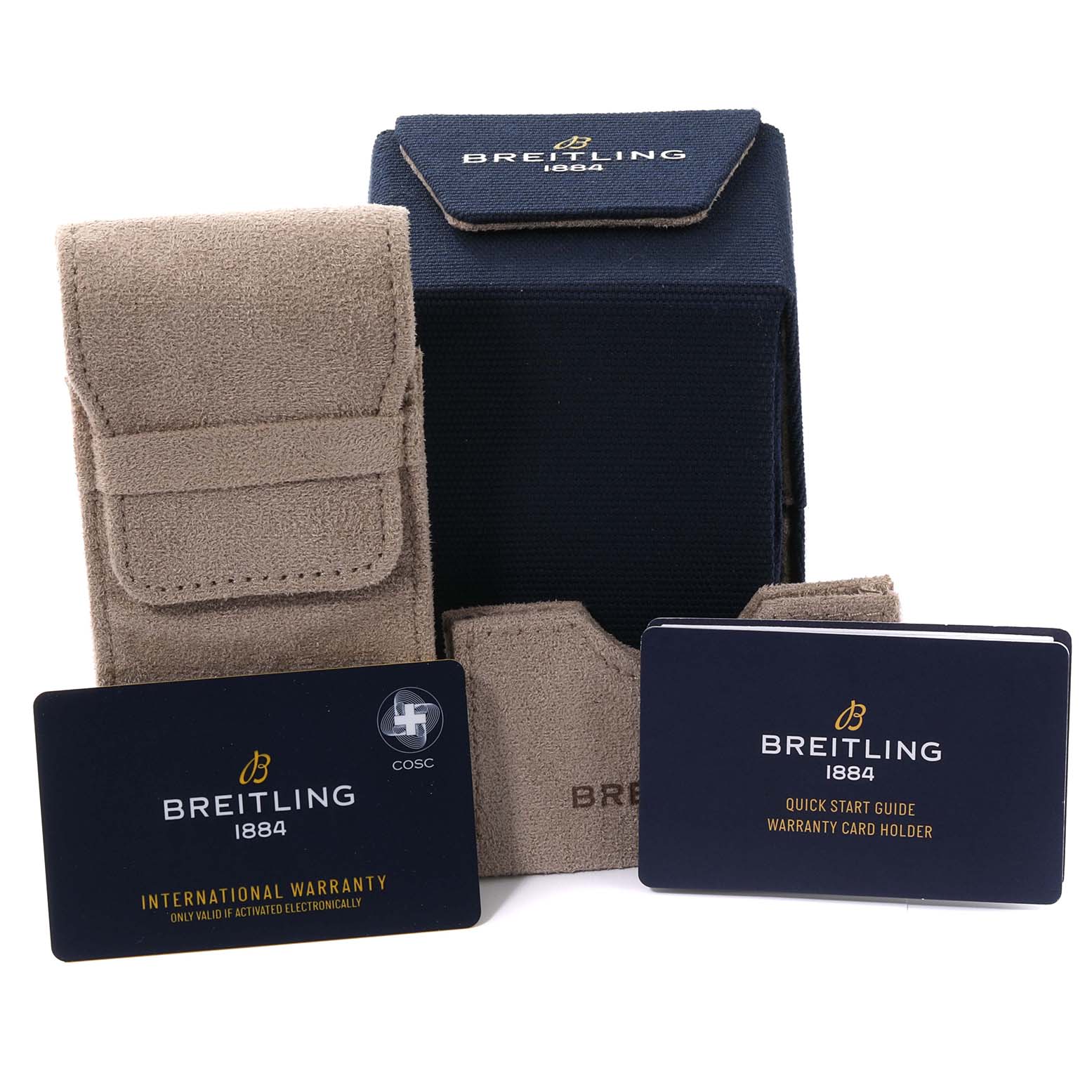 The image shows the packaging and documentation for a Breitling A77320E61A2A1 Women's Stainless Steel Mother of Pearl Dial A77320E61A2A1 Women's Stainless Steel Mother of Pearl Dial Navitimer 32 Mother of Pearl Diamond Dial Steel Ladies Watch A77320.