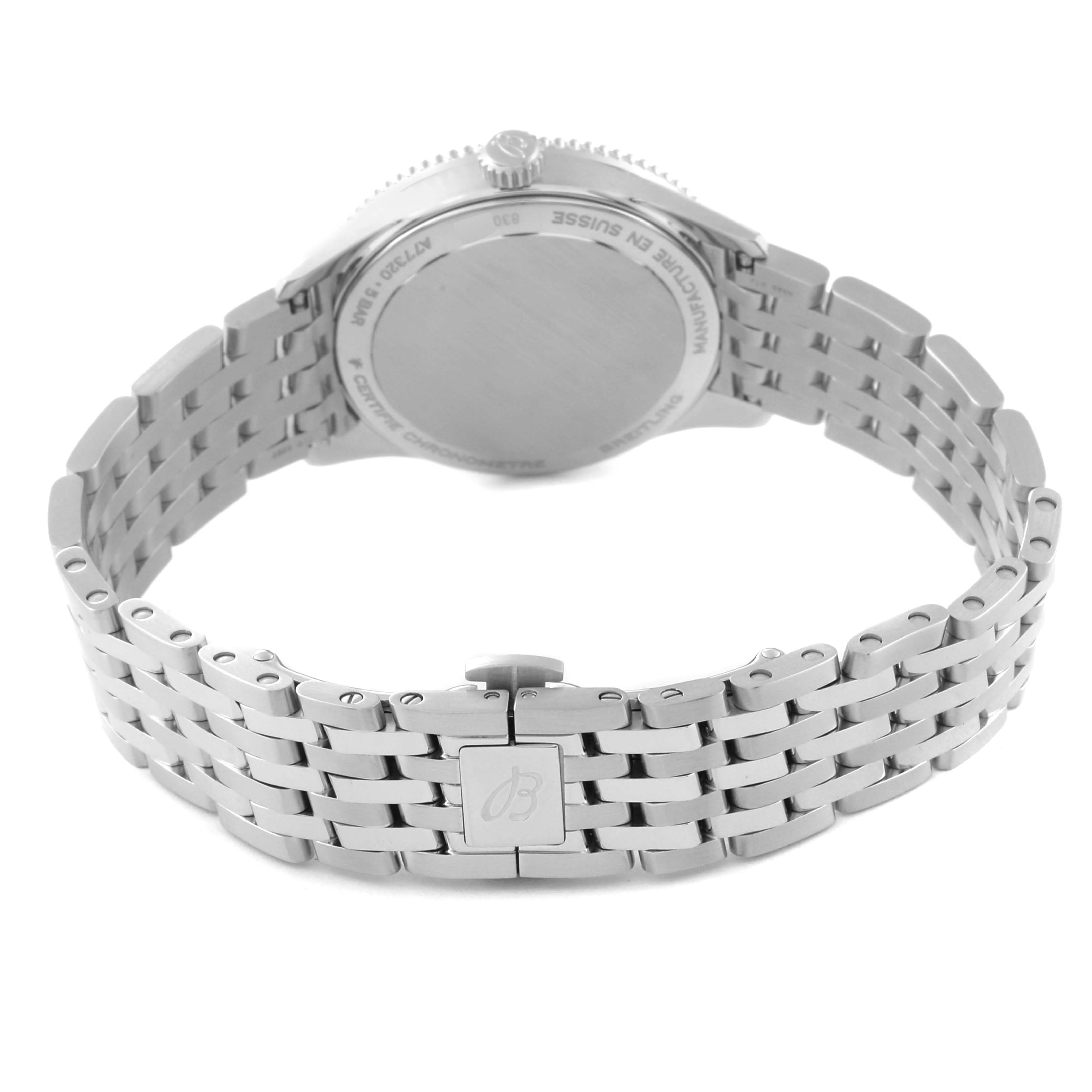 This image shows the backside and clasp of a Breitling A77320E61A2A1 Women's Stainless Steel Mother of Pearl Dial A77320E61A2A1 Women's Stainless Steel Mother of Pearl Dial Navitimer 32 Mother of Pearl Diamond Dial Steel Ladies Watch A77320.