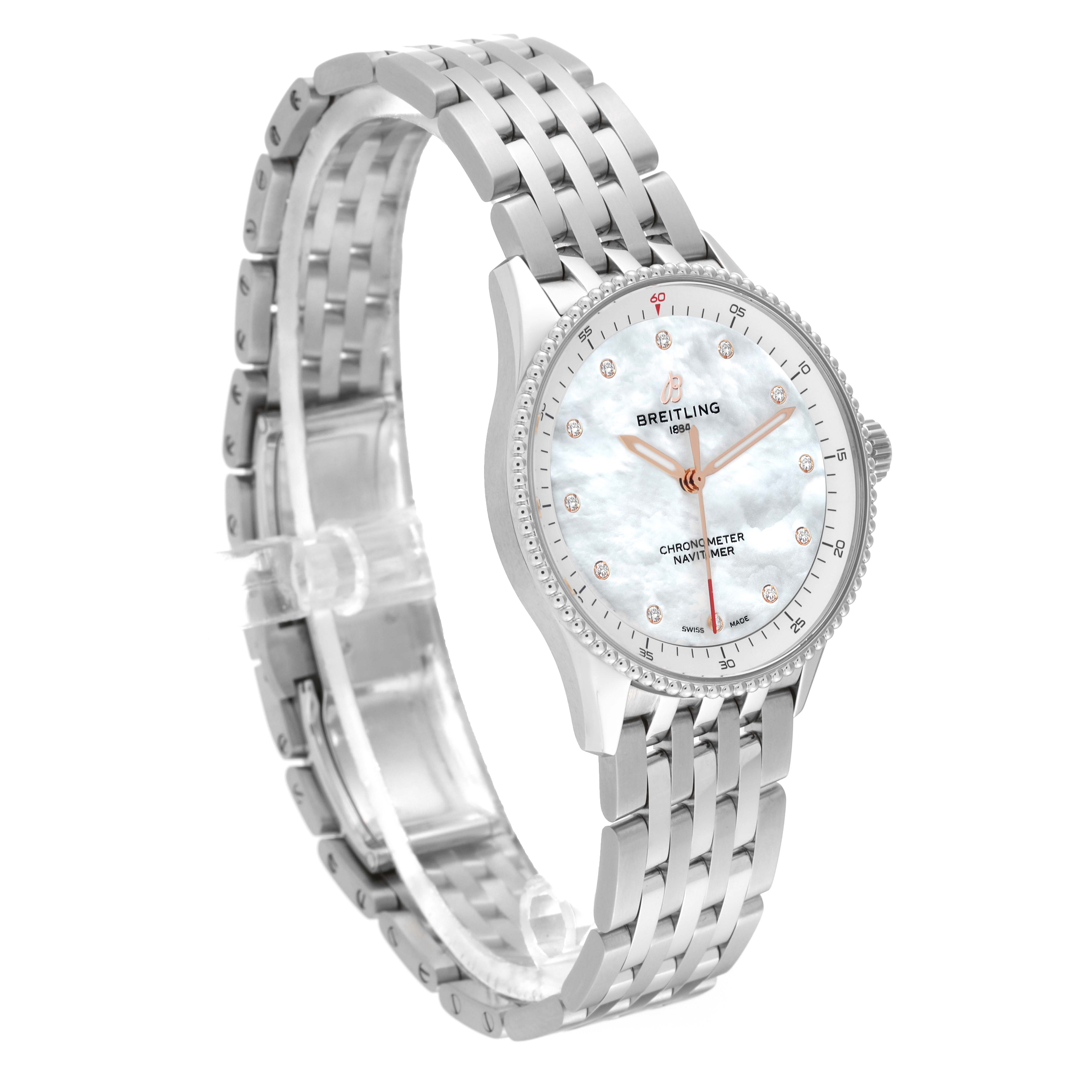 The image shows a side and partial front view of the Breitling A77320E61A2A1 Women's Stainless Steel Mother of Pearl Dial A77320E61A2A1 Women's Stainless Steel Mother of Pearl Dial Navitimer 32 Mother of Pearl Diamond Dial Steel Ladies Watch model A77320.
