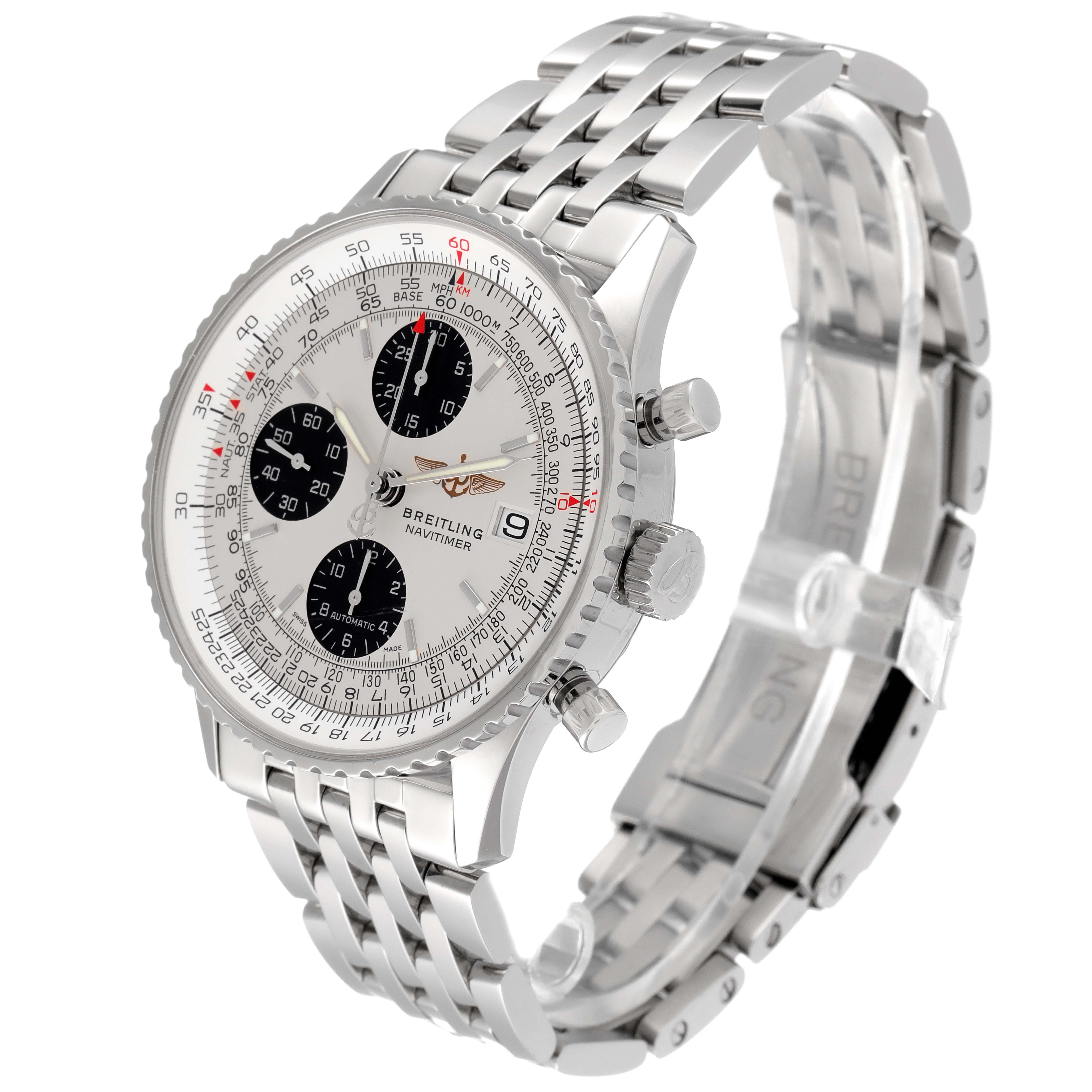 The image shows a Breitling Navitimer A13324 Men's Stainless Steel Silver Dial A13324 Men's Stainless Steel Silver Dial watch angled to display the face, crown, and stainless steel bracelet.
