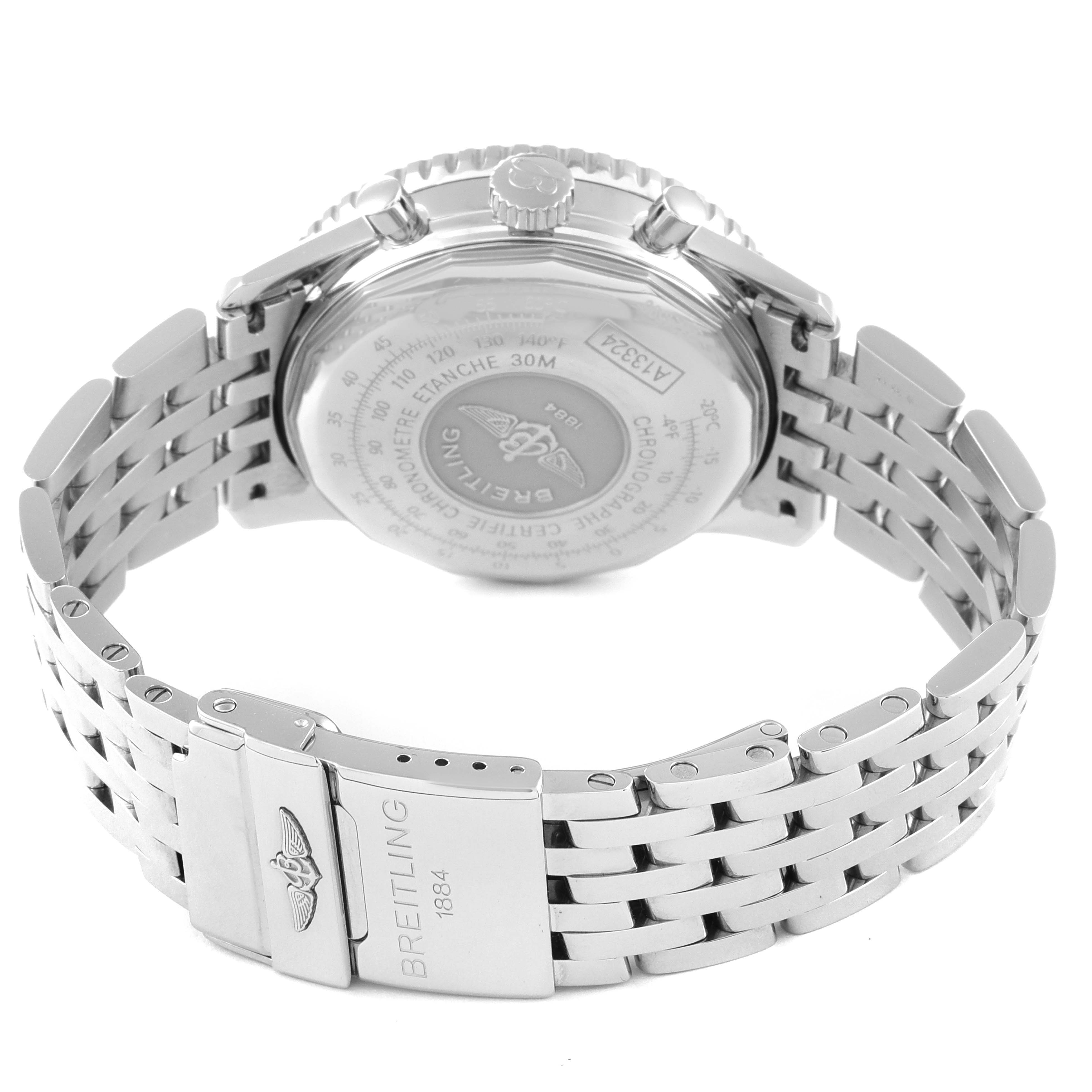 The image shows the back case and clasp of the Breitling Navitimer A13324 Men's Stainless Steel Silver Dial A13324 Men's Stainless Steel Silver Dial watch from a rear angle.