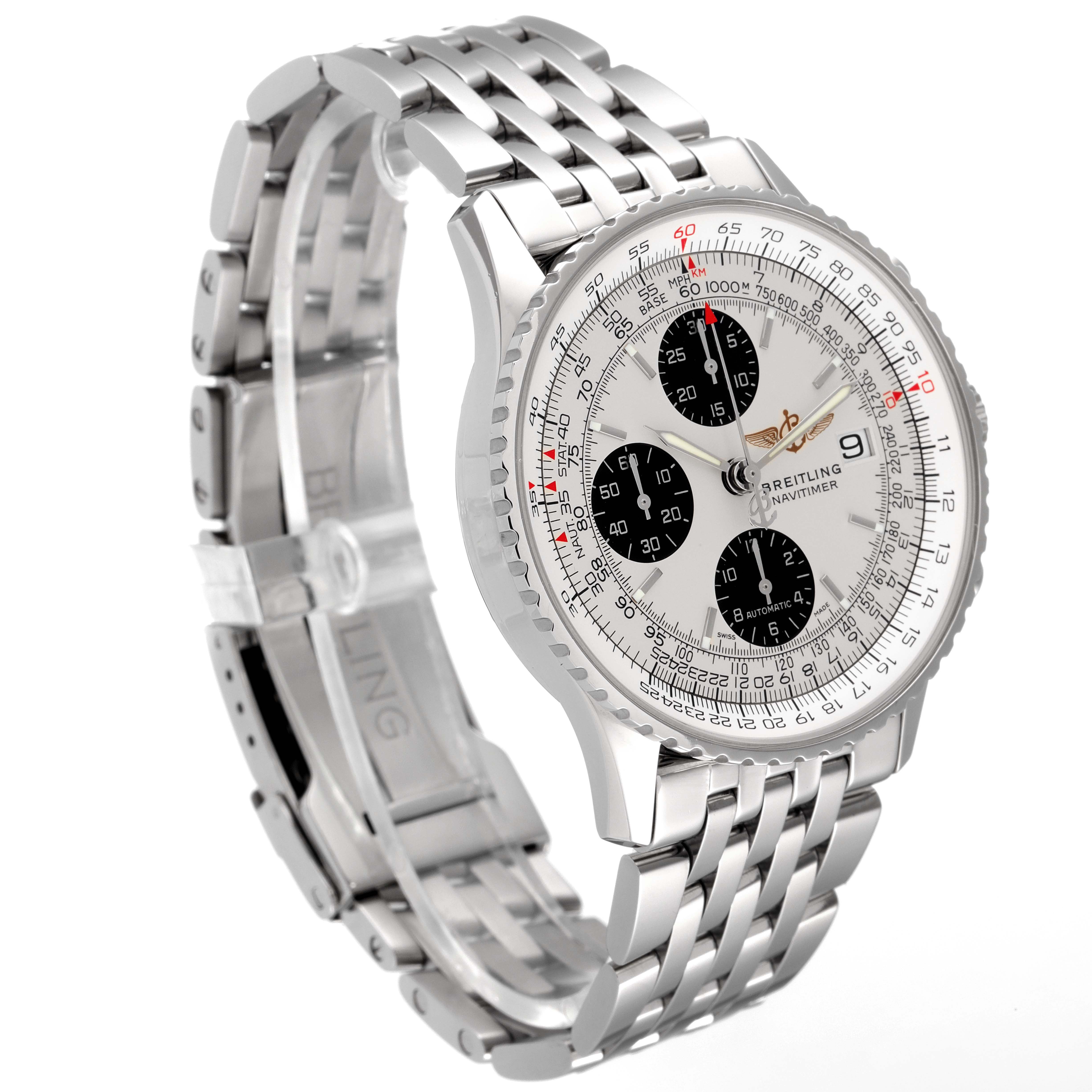 This image shows a Breitling Navitimer A13324 Men's Stainless Steel Silver Dial A13324 Men's Stainless Steel Silver Dial watch at a 3/4 angle, highlighting its silver bracelet and detailed dial face.