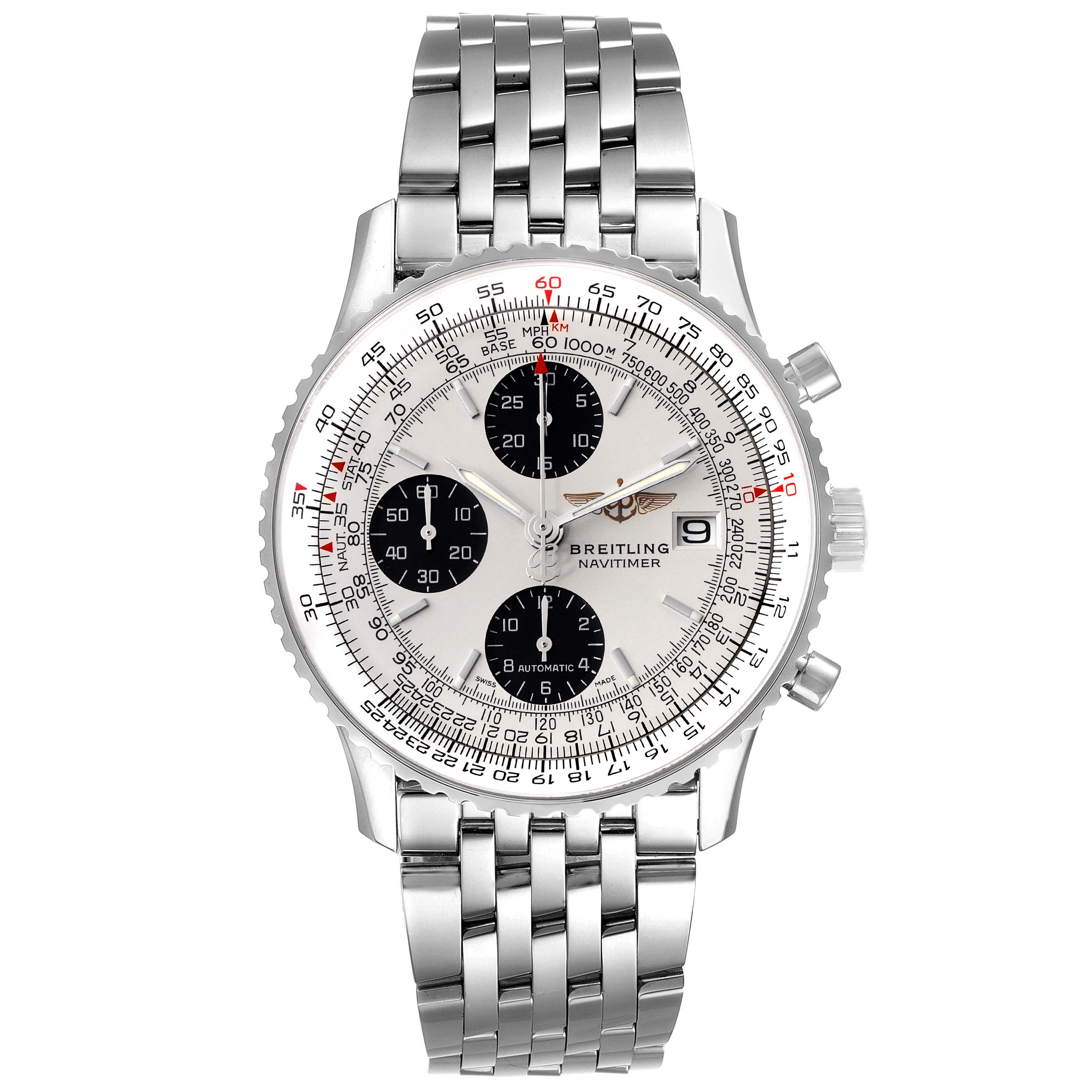 The image shows a Breitling Navitimer A13324 Men's Stainless Steel Silver Dial A13324 Men's Stainless Steel Silver Dial watch face and bracelet from a top-down perspective.