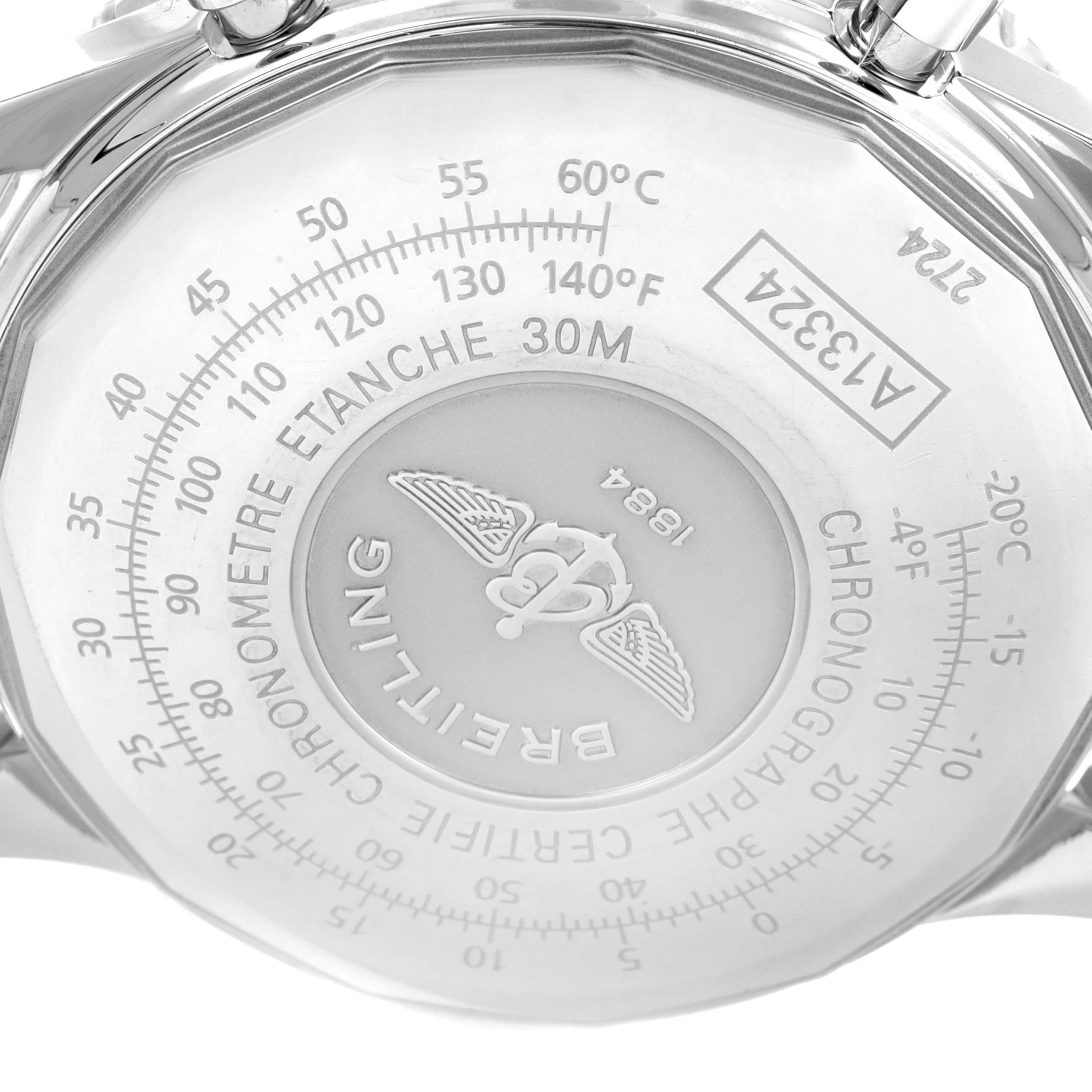 The image shows the back case of a Breitling Navitimer A13324 Men's Stainless Steel Silver Dial A13324 Men's Stainless Steel Silver Dial watch, highlighting the engravings and branding details.