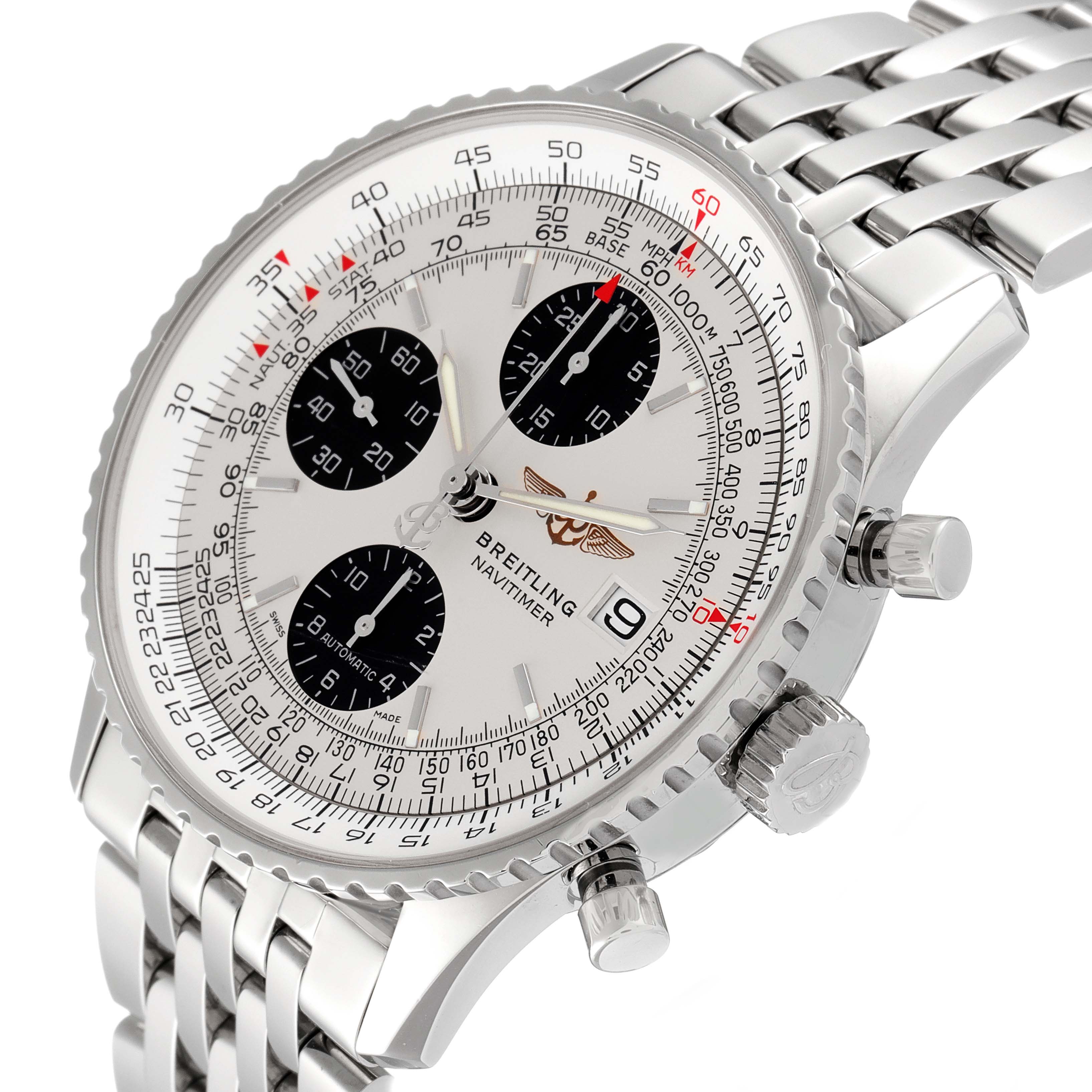 The image shows a close-up angled view of a Breitling Navitimer A13324 Men's Stainless Steel Silver Dial A13324 Men's Stainless Steel Silver Dial watch, focusing on the dial, bezel, and part of the bracelet.