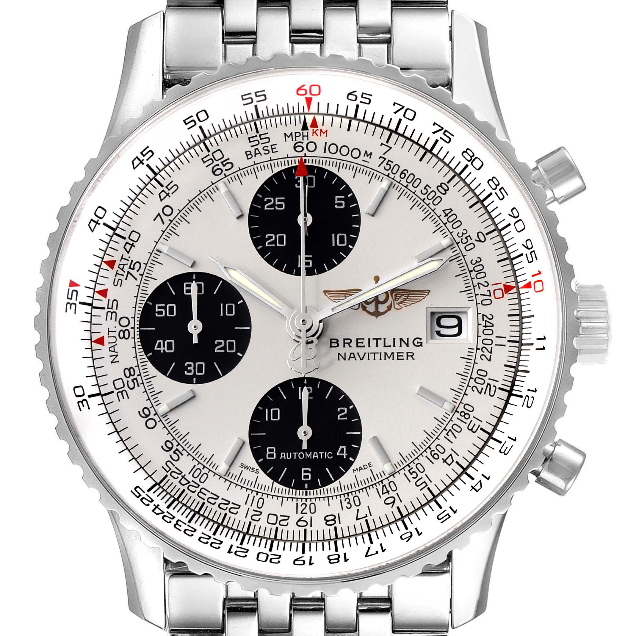 The image shows a front view of a Breitling Navitimer A13324 Men's Stainless Steel Silver Dial A13324 Men's Stainless Steel Silver Dial watch, displaying the dial, subdials, bezel, and part of the metal bracelet.