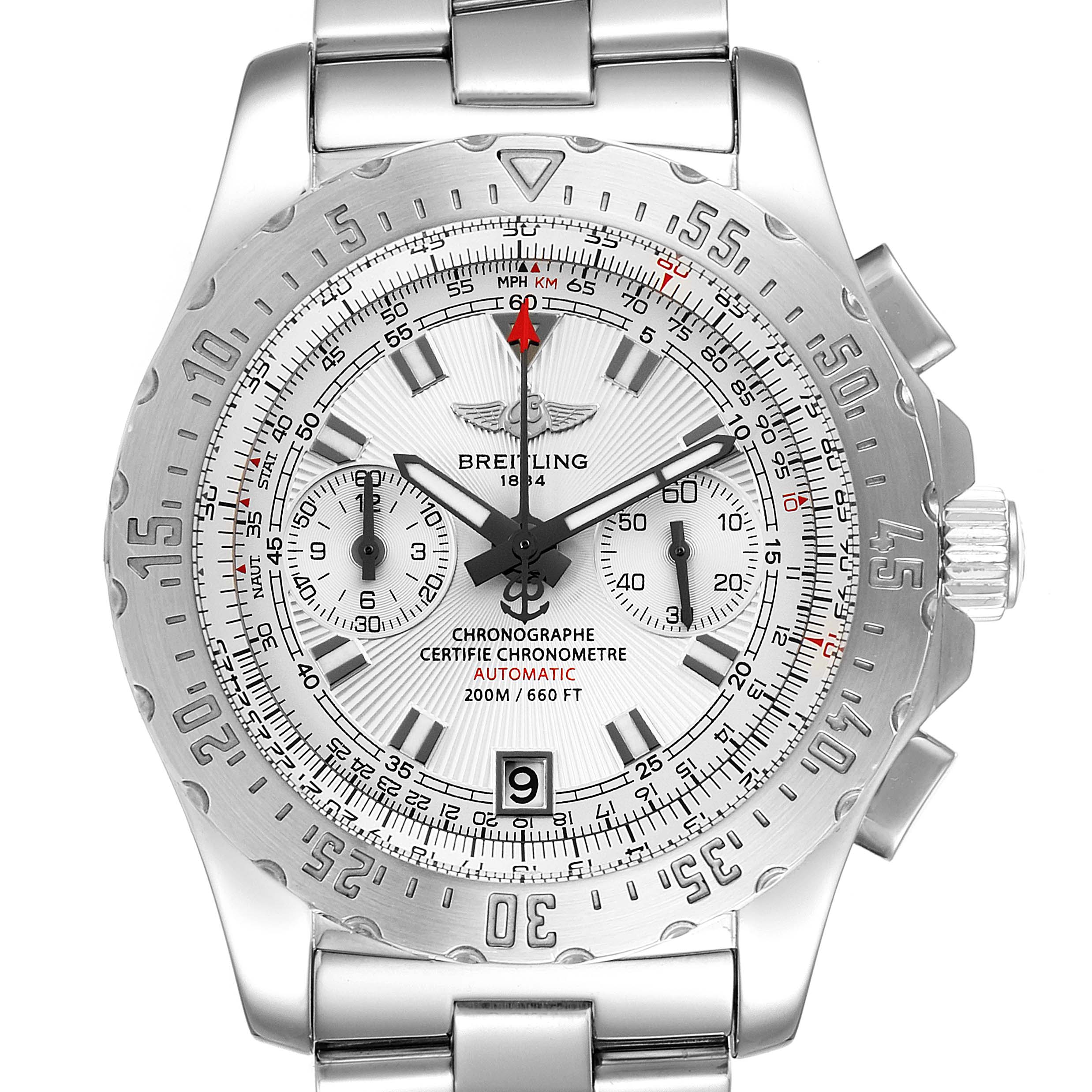 This image shows a front view of the Breitling Professional Series A27362 Men's Stainless Steel Silver Dial A27362 Men's Stainless Steel Silver Dial watch, highlighting its dial, bezel, and bracelet.