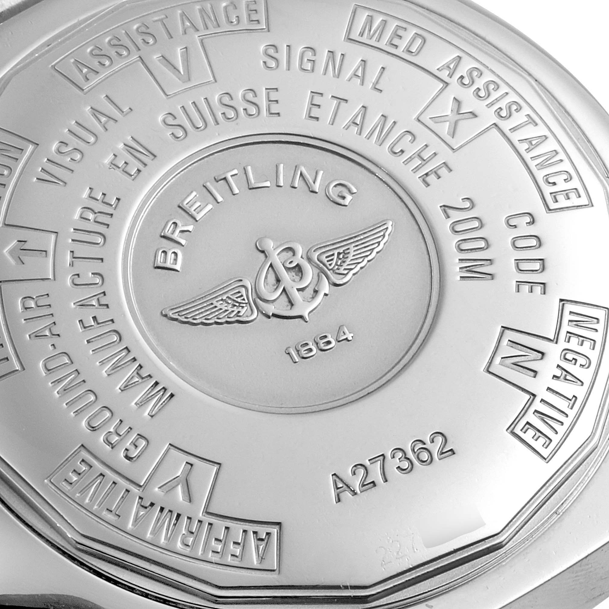 This image shows the back case of a Breitling Professional Series A27362 Men's Stainless Steel Silver Dial A27362 Men's Stainless Steel Silver Dial watch, highlighting its engraving and model number A27362.