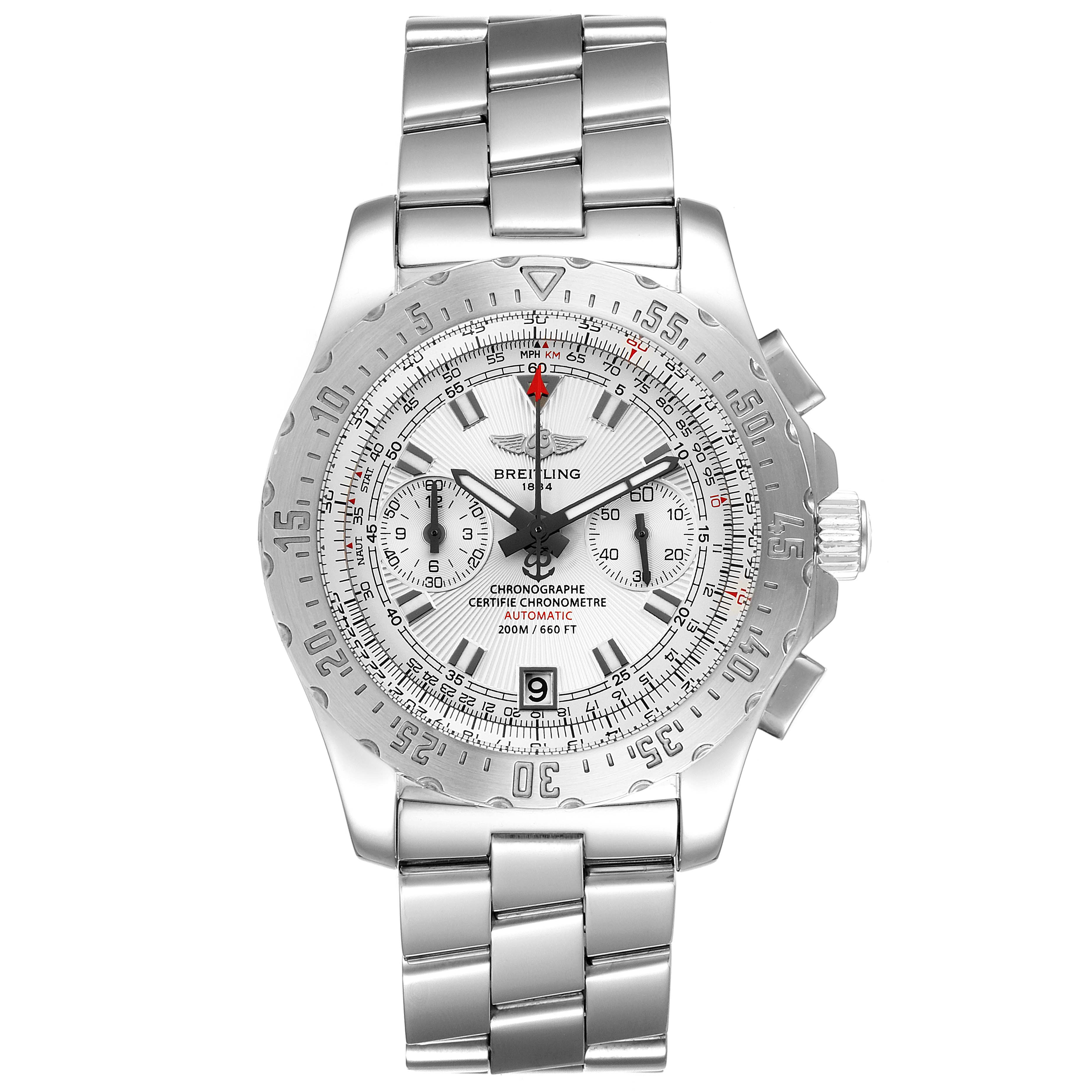 This image shows a front view of the Breitling Professional Series A27362 Men's Stainless Steel Silver Dial A27362 Men's Stainless Steel Silver Dial watch, displaying the bezel, dial, subdials, and metal bracelet.