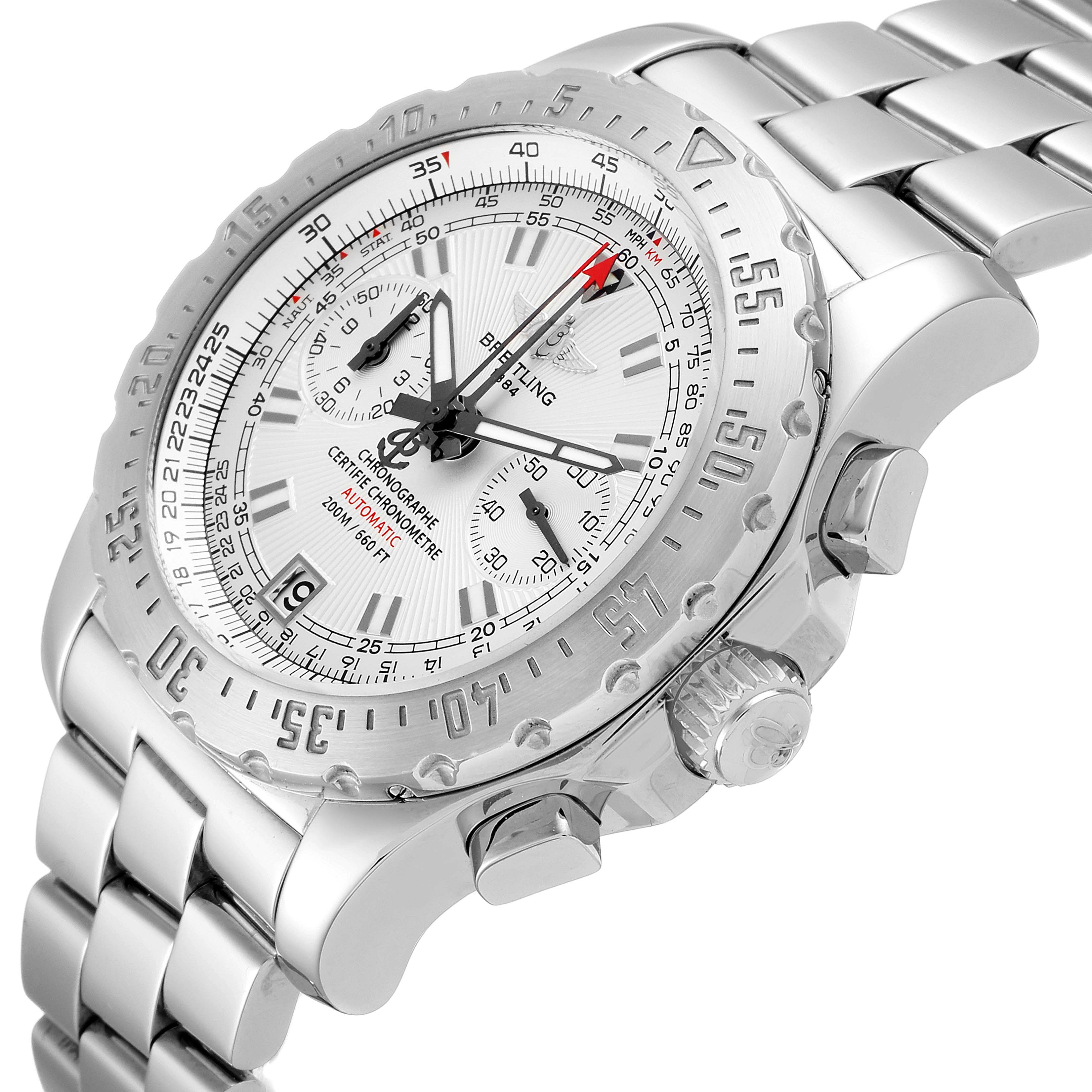 The image shows a side angle of the Breitling Professional Series A27362 Men's Stainless Steel Silver Dial A27362 Men's Stainless Steel Silver Dial watch, highlighting its bezel, crown, and part of its bracelet.