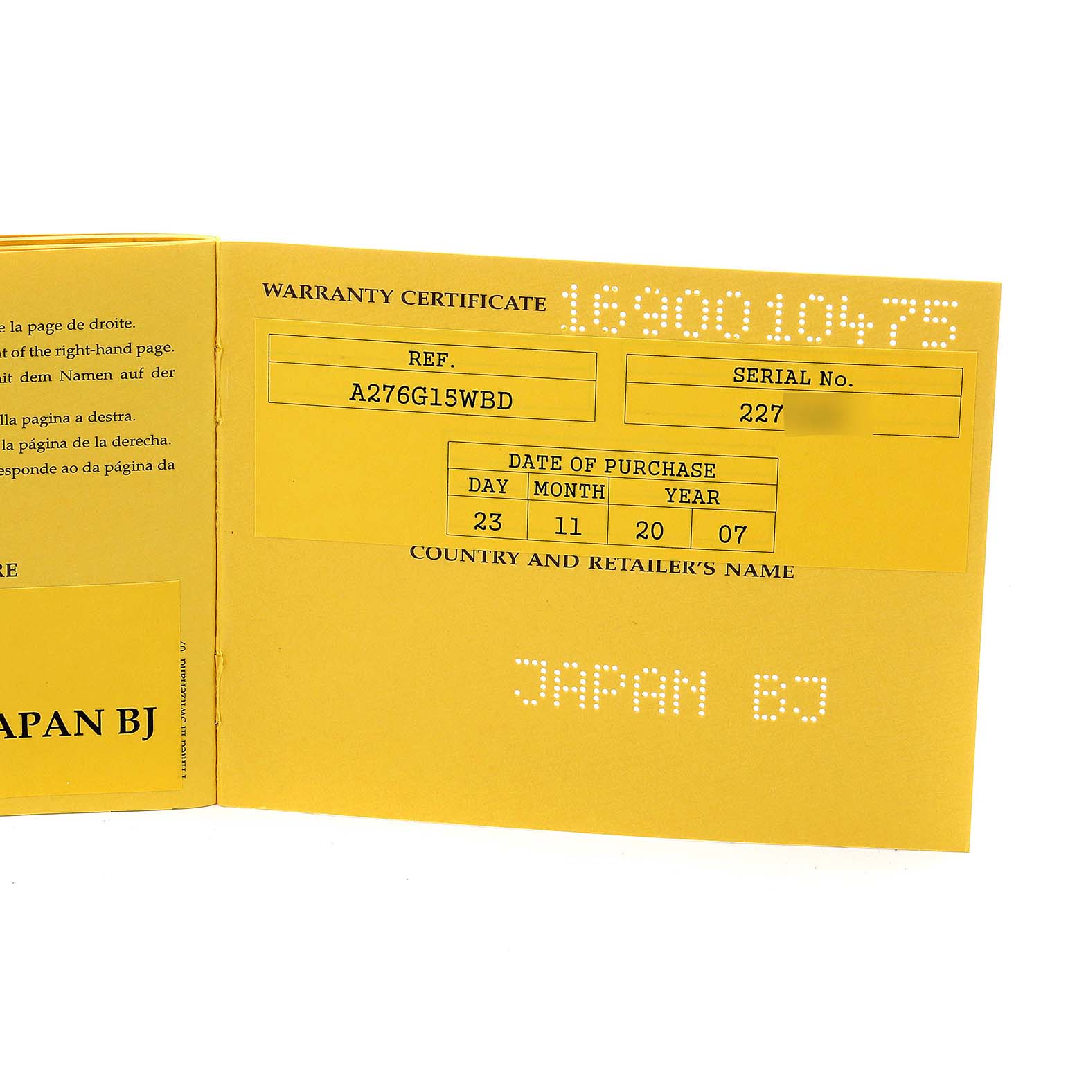 This image shows the warranty certificate for a Breitling Professional Series A27362 Men's Stainless Steel Silver Dial A27362 Men's Stainless Steel Silver Dial watch model A276G15WBD.