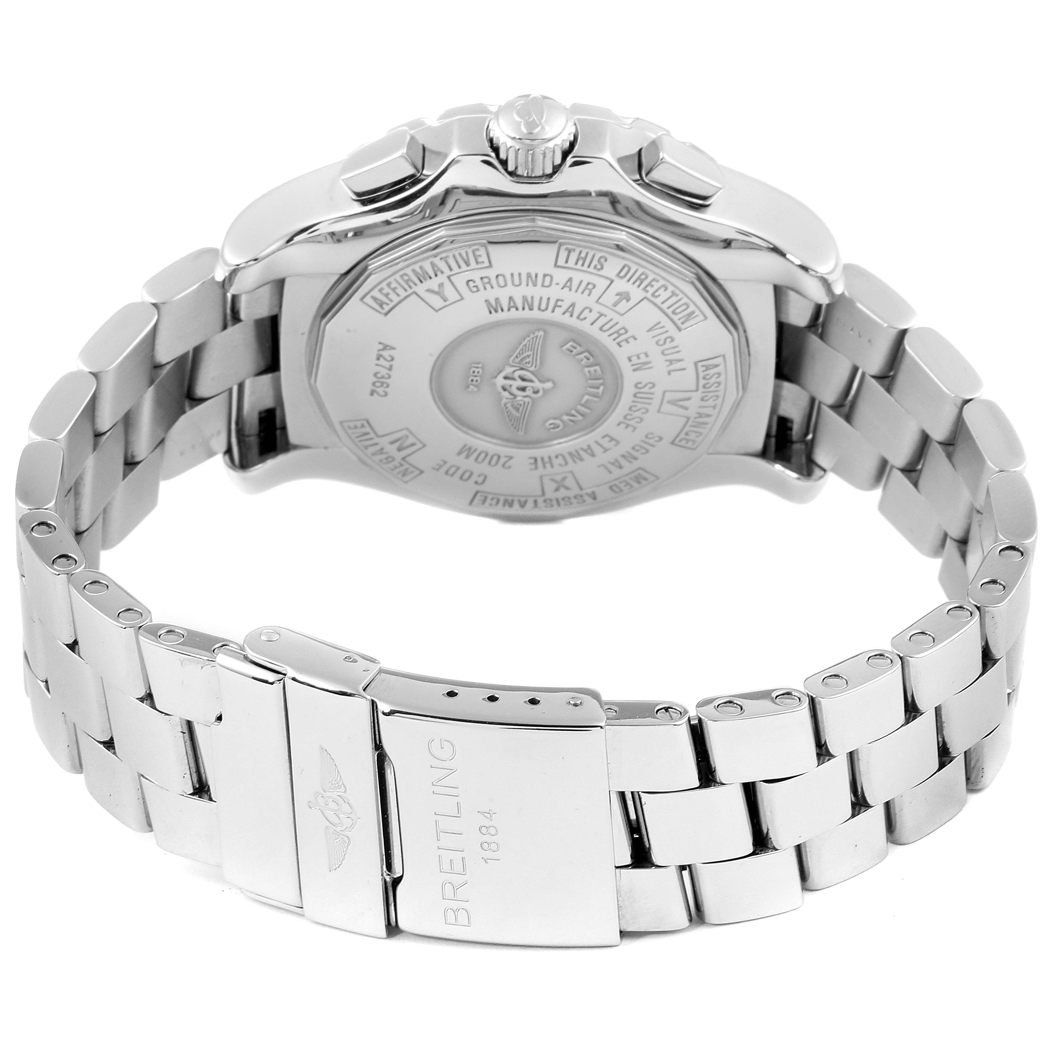 The image shows the back view of a Breitling Professional Series A27362 Men's Stainless Steel Silver Dial A27362 Men's Stainless Steel Silver Dial watch, focusing on its case back and metal bracelet.