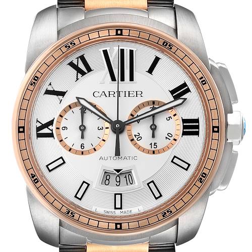 Photo of Cartier Calibre Silver Dial Steel Rose Gold Mens Watch W7100042 Box Papers