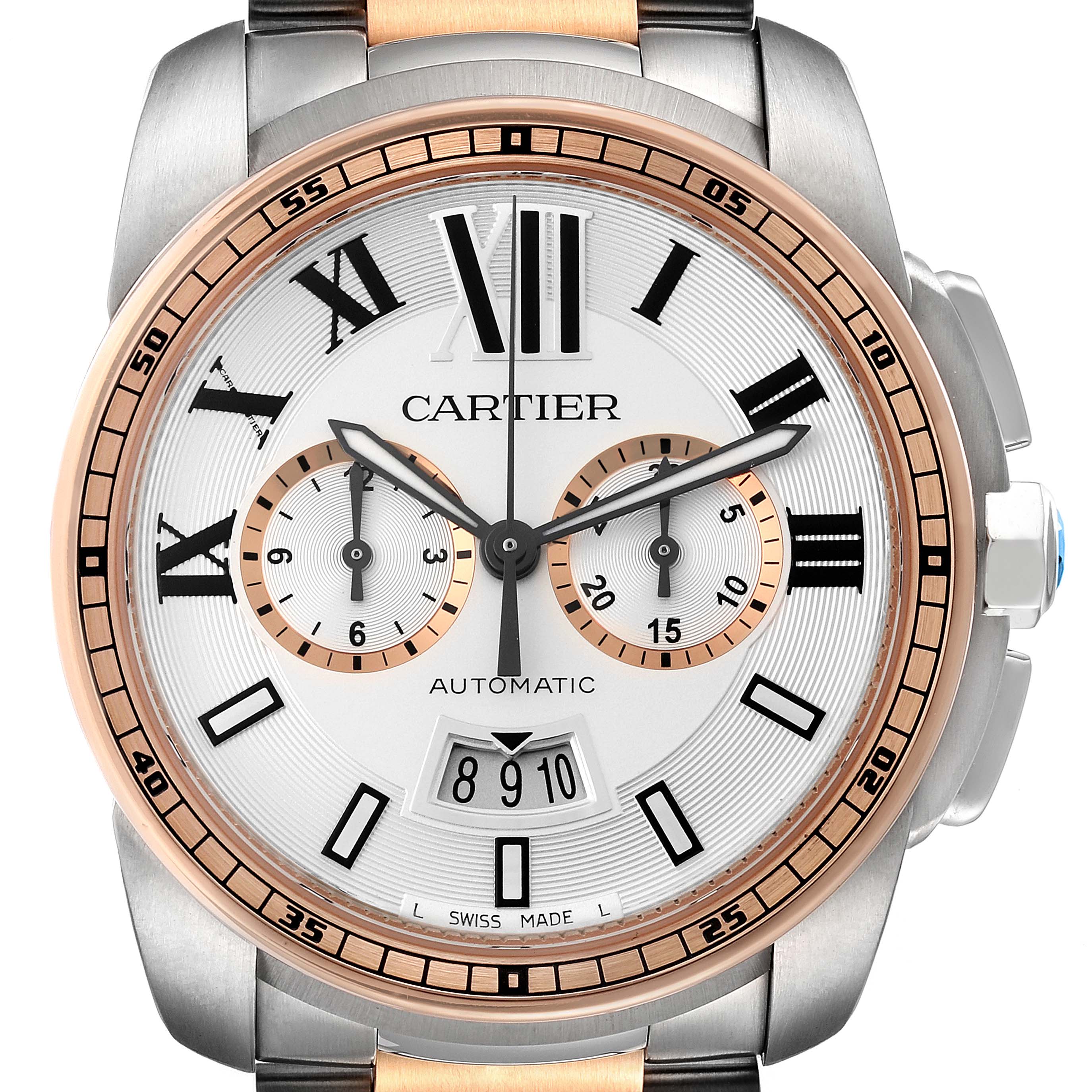 The image shows a close-up, front view of the Calibre de Cartier watch by Cartier, highlighting the watch face, dials, and bezel.