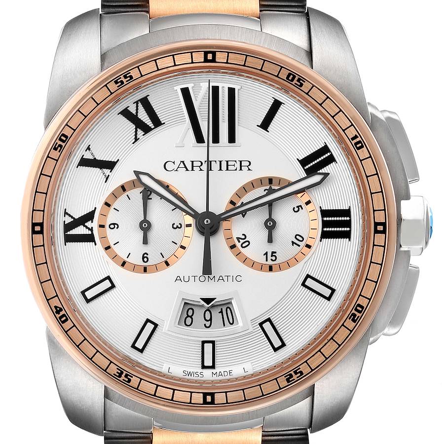 Cartier Calibre Silver Dial Steel Rose Gold Mens Watch W7100042 Box Papers SwissWatchExpo