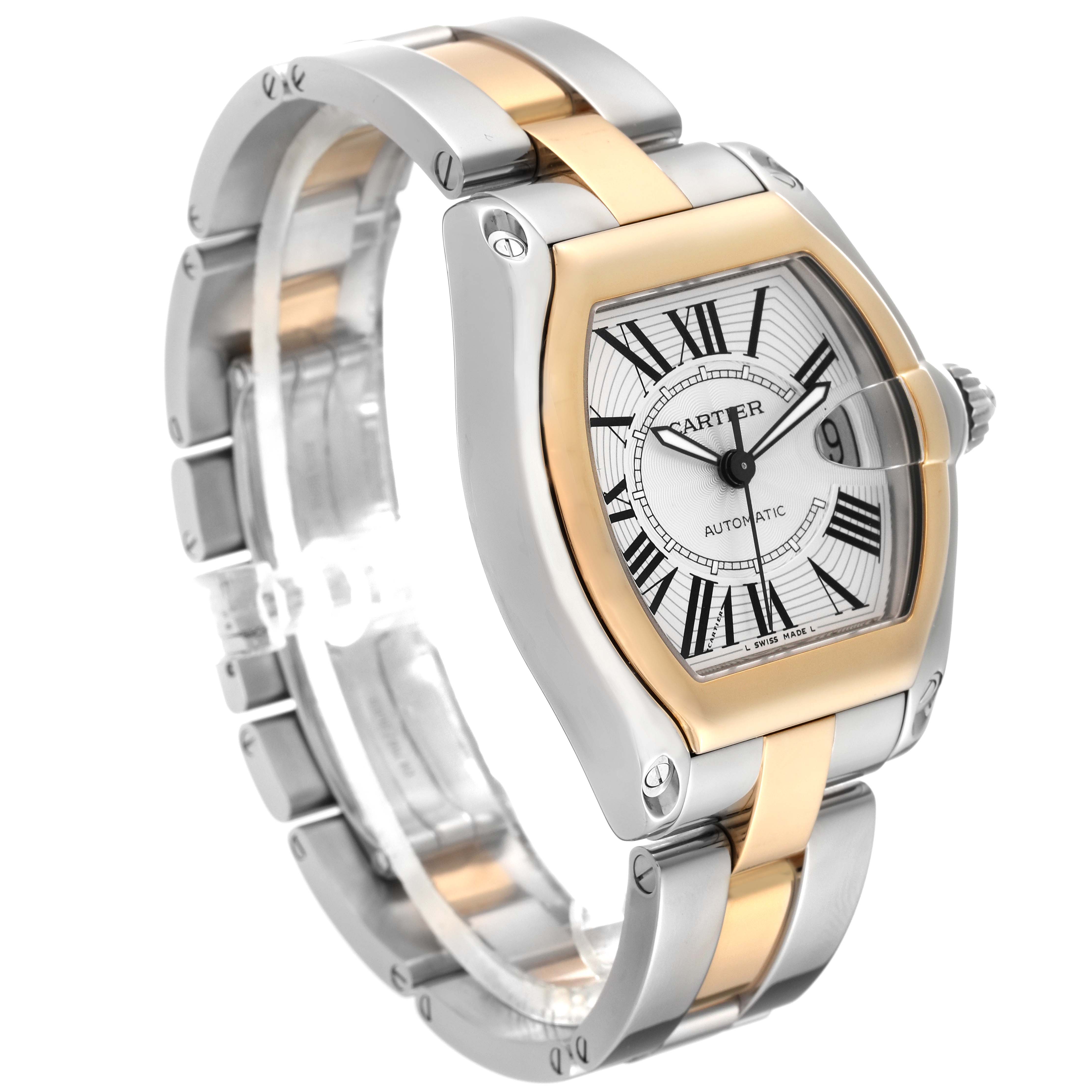 The Cartier Roadster W62031Y4 Men's Steel and Gold (two tone) Silver Dial W62031Y4 Men's Steel and Gold (two tone) Silver Dial watch is shown at a three-quarter angle, displaying the face, case, and part of the bracelet.