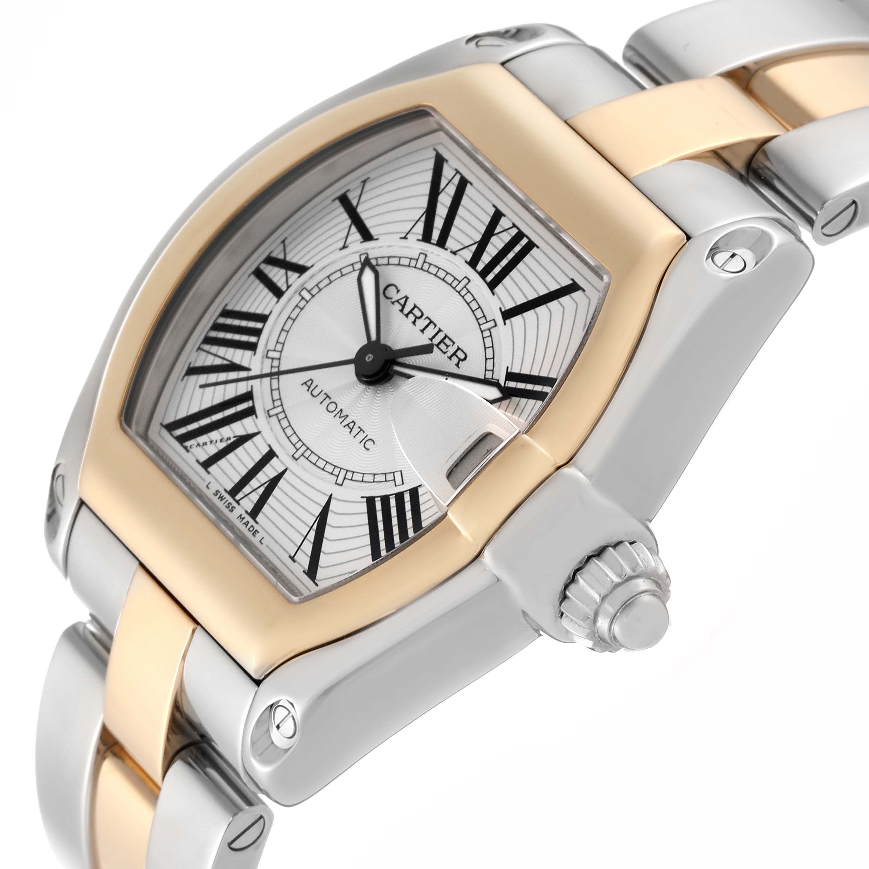 The image shows a close-up angle of the Cartier Roadster W62031Y4 Men's Steel and Gold (two tone) Silver Dial W62031Y4 Men's Steel and Gold (two tone) Silver Dial watch, displaying the dial, case, bezel, and part of the bracelet.