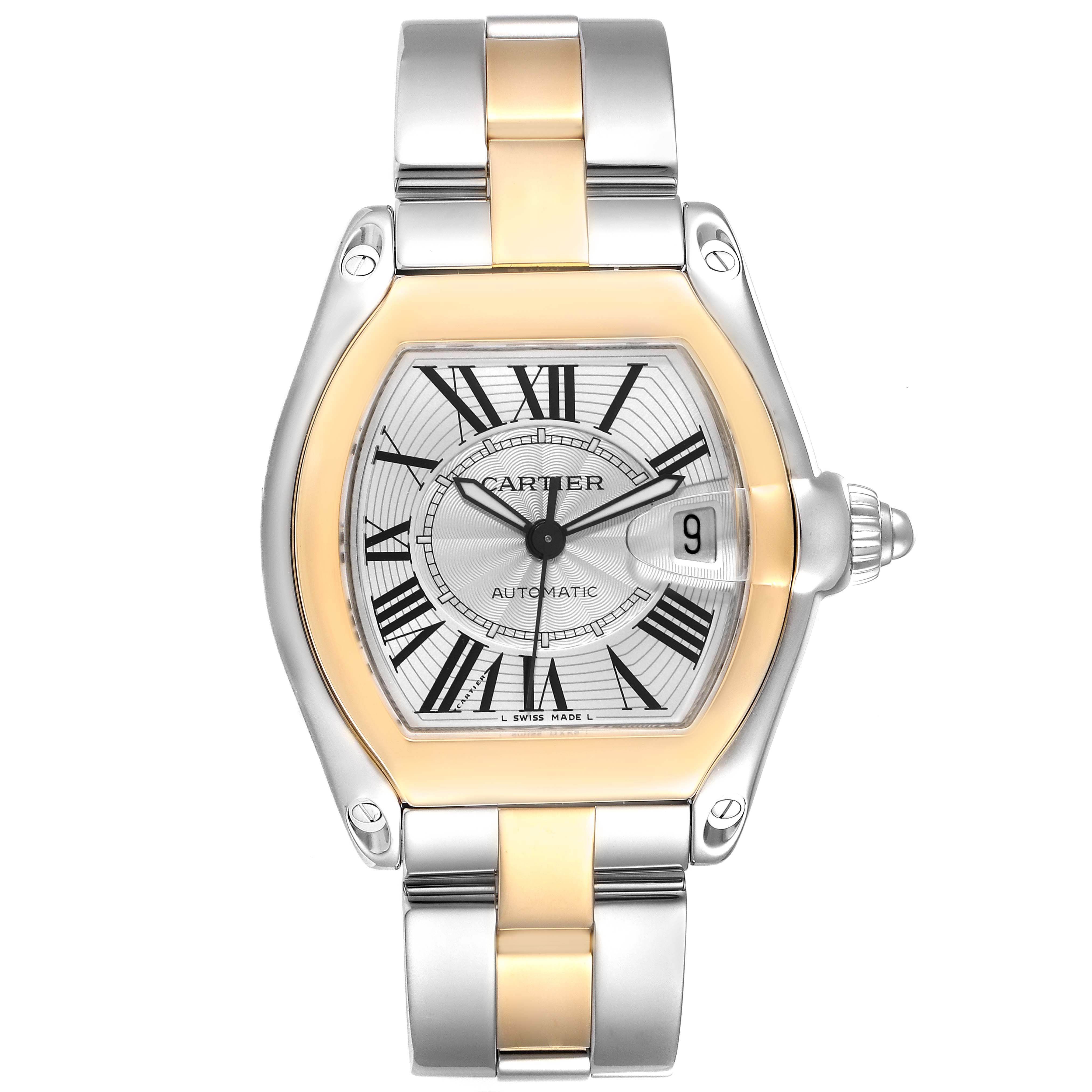 This image shows a face-on view of the Cartier Roadster W62031Y4 Men's Steel and Gold (two tone) Silver Dial W62031Y4 Men's Steel and Gold (two tone) Silver Dial watch with both the dial and the bracelet visible.