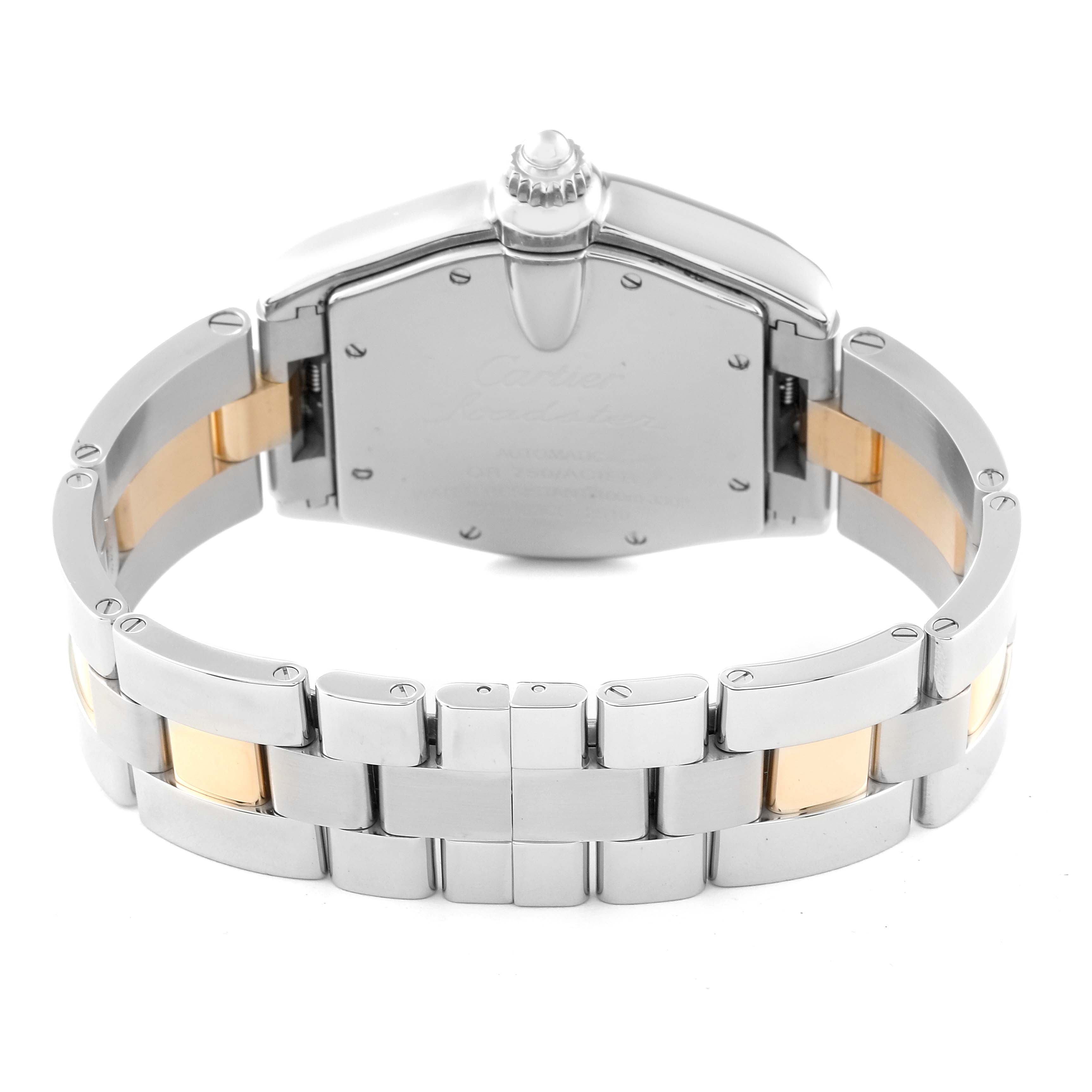 The image shows the back angle of the Cartier Roadster W62031Y4 Men's Steel and Gold (two tone) Silver Dial W62031Y4 Men's Steel and Gold (two tone) Silver Dial watch, highlighting the clasp and stainless steel bracelet.
