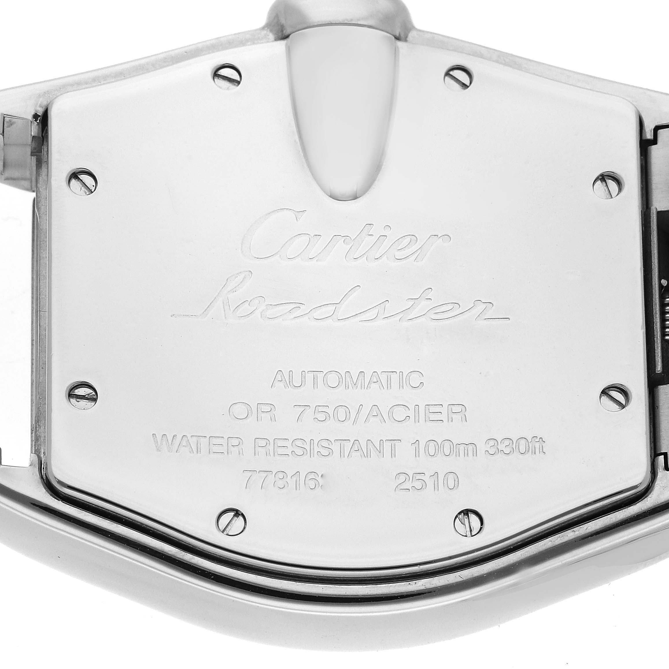 The image shows the back case of the Cartier Roadster W62031Y4 Men's Steel and Gold (two tone) Silver Dial W62031Y4 Men's Steel and Gold (two tone) Silver Dial watch.