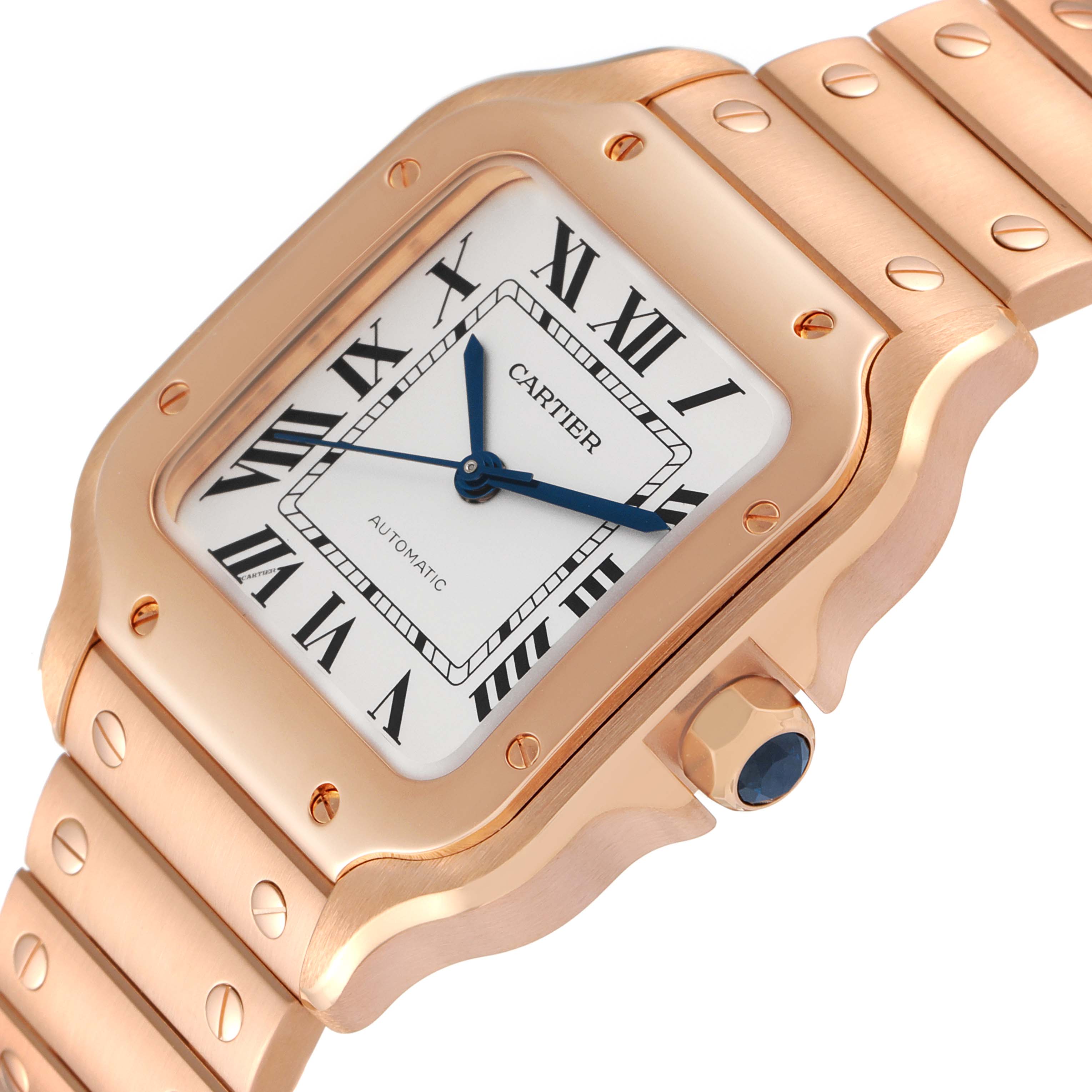 The image shows an angled view of the Cartier Santos WGSA0008 Men's Rose Gold Silver Dial WGSA0008 Men's Rose Gold Silver Dial watch case and bracelet, highlighting its rose gold finish and Roman numeral dial.