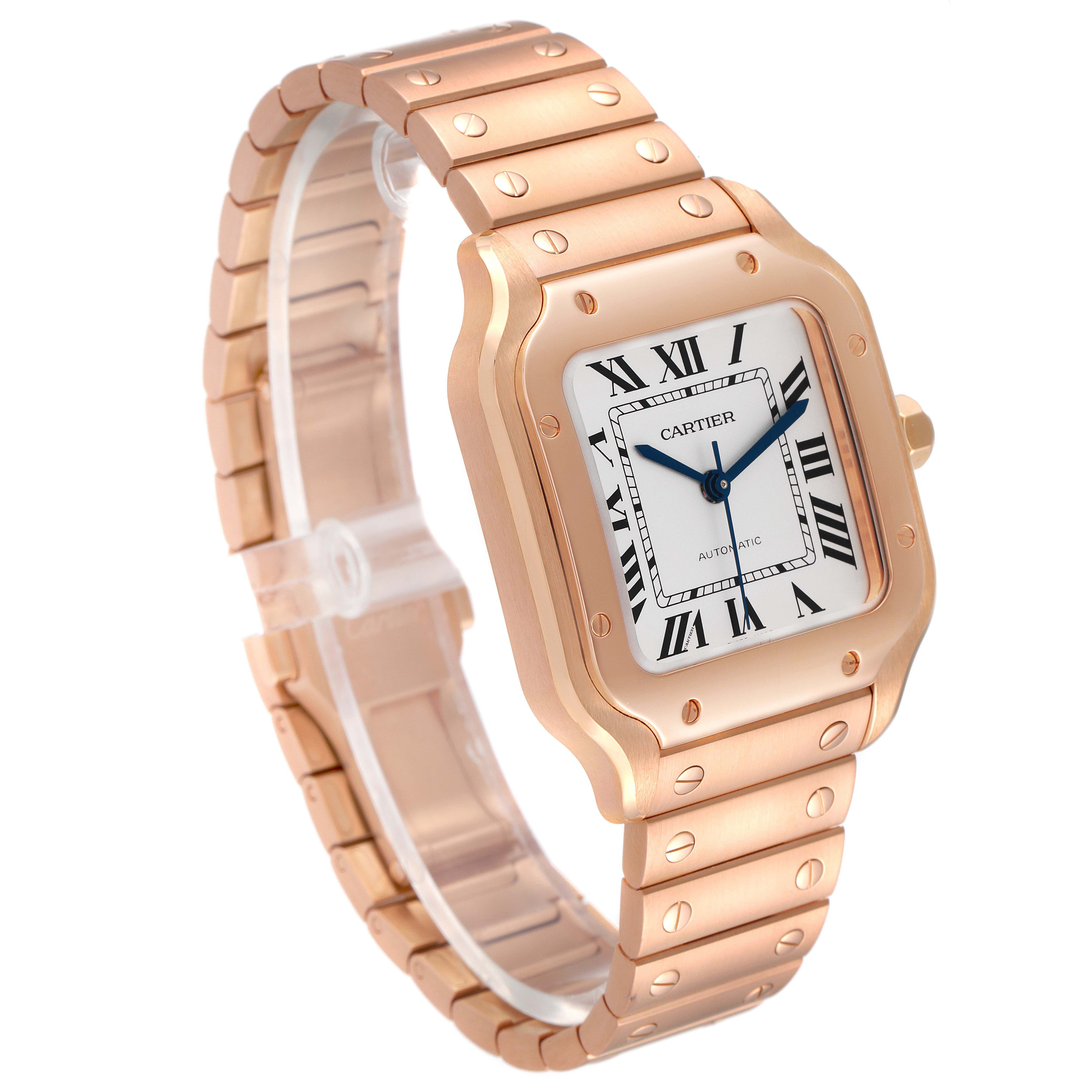 The image shows a Cartier Santos WGSA0008 Men's Rose Gold Silver Dial WGSA0008 Men's Rose Gold Silver Dial watch angled from the front-left, highlighting its rose gold case, bracelet, and Roman numeral dial.